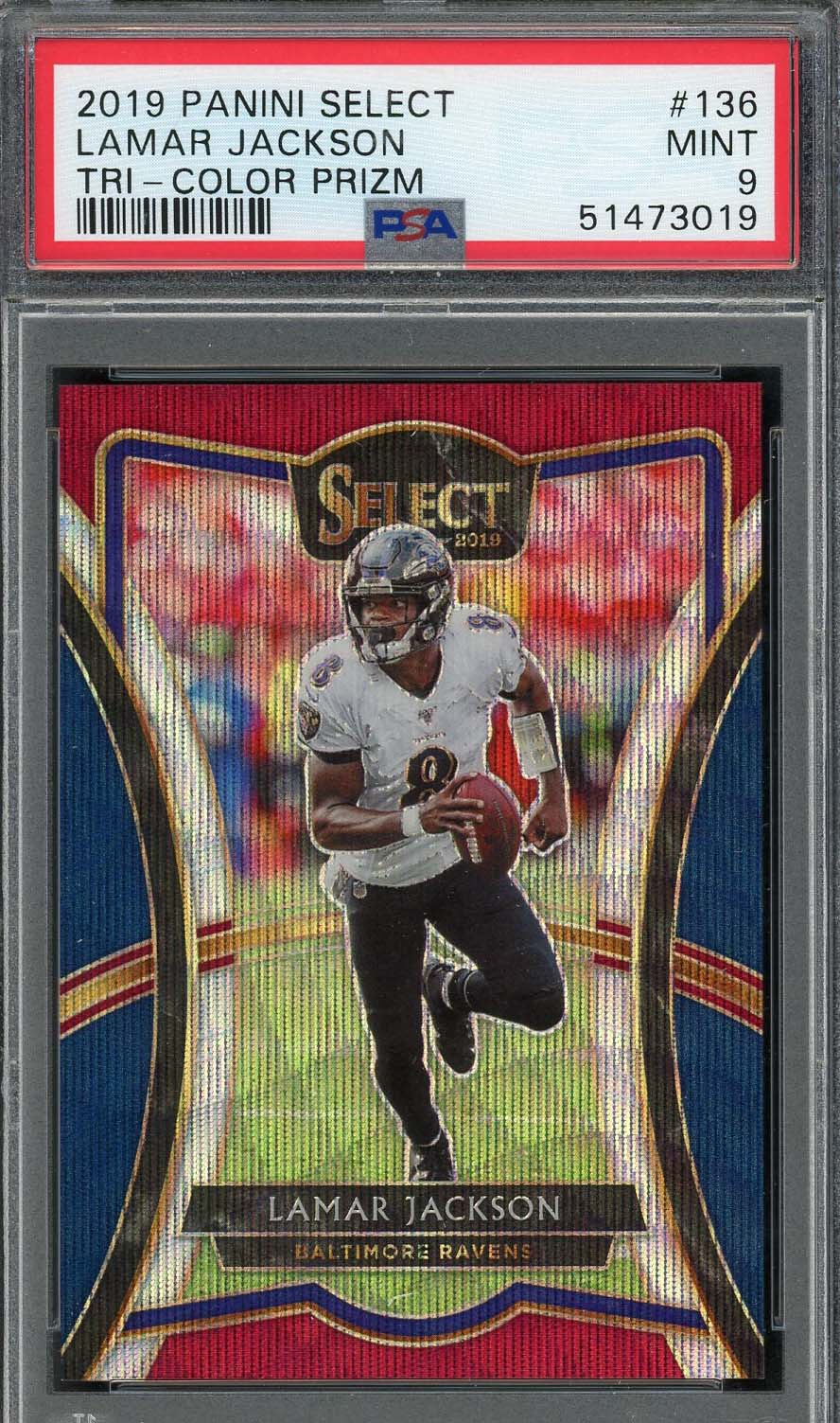 Lamar Jackson 2019 Panini Select Tri Color Prizm Football Card #136 PSA 9 /199 Lamar Jackson 2019 Panini Select Tri Color Prizm Football Card #136 PSA 9 /199