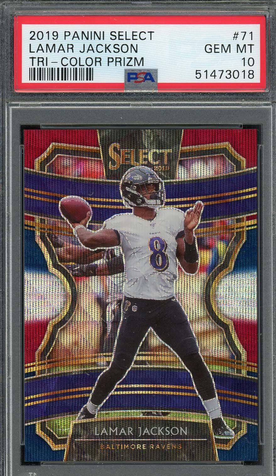 Lamar Jackson 2019 Panini Select Tri Color Prizm Football Card #71 PSA 10 /199 Lamar Jackson 2019 Panini Select Tri Color Prizm Football Card #71 PSA 10 /199