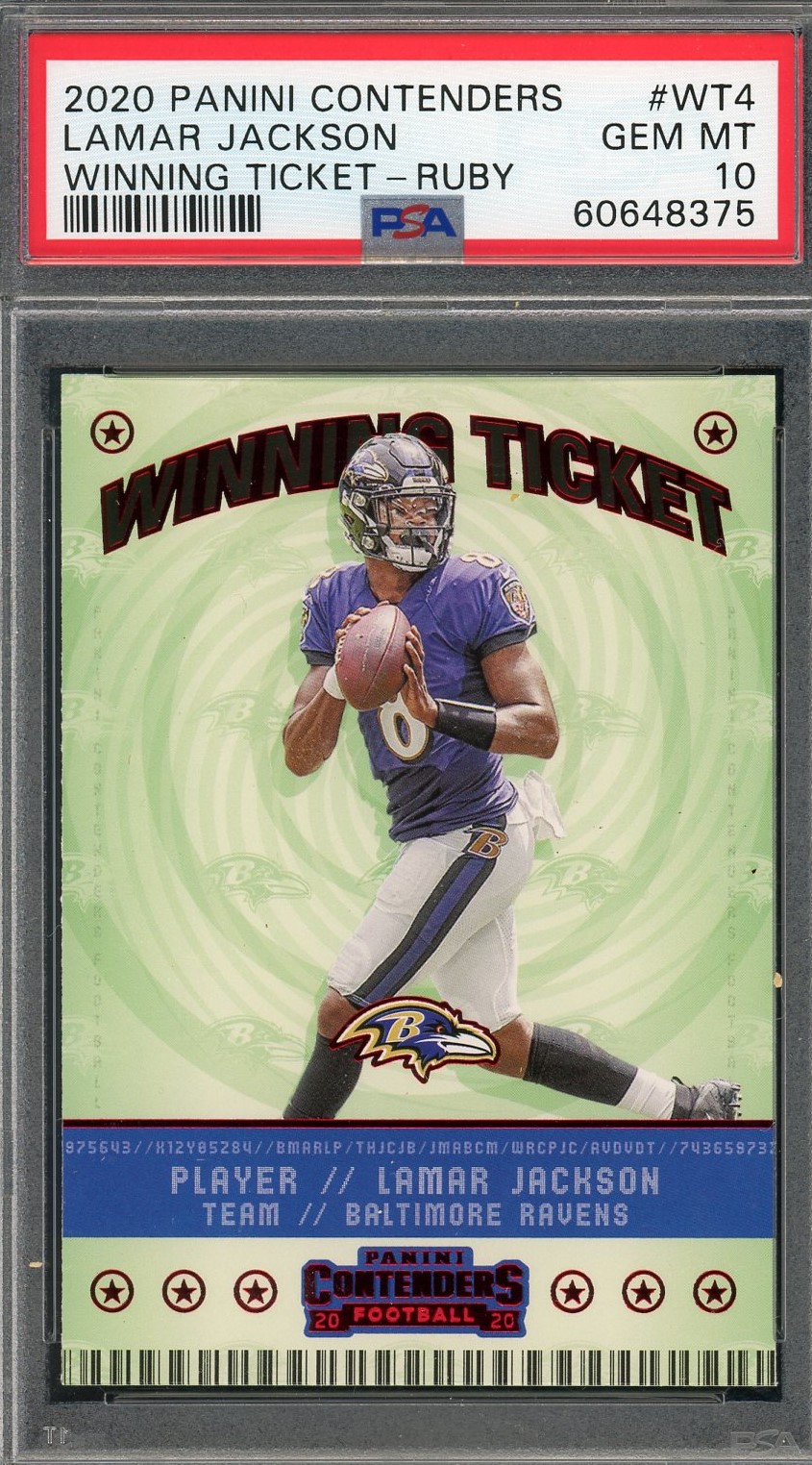 Lamar Jackson 2020 Panini Contenders Winning Ticket Ruby Card #WT4 Graded PSA 10