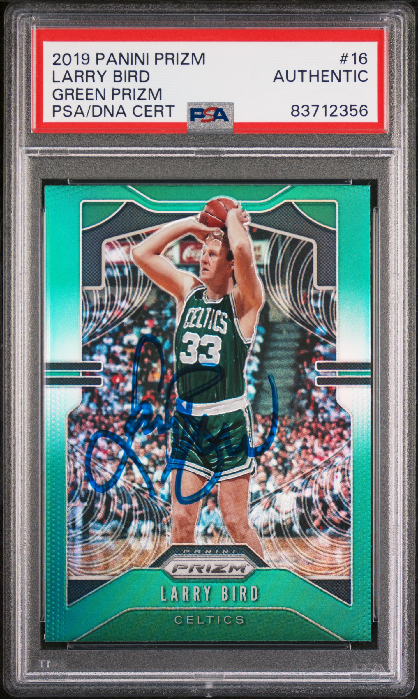 Larry Bird 2019 Panini Prizm Green Signed Basketball Card #16 Auto PSA 83712356