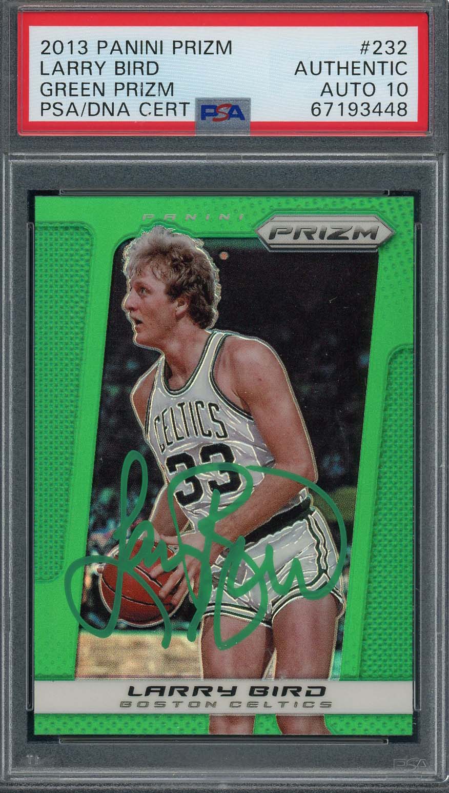 Larry Bird 2013 Panini Green Prizm Signed Card #232 Auto Graded PSA 10