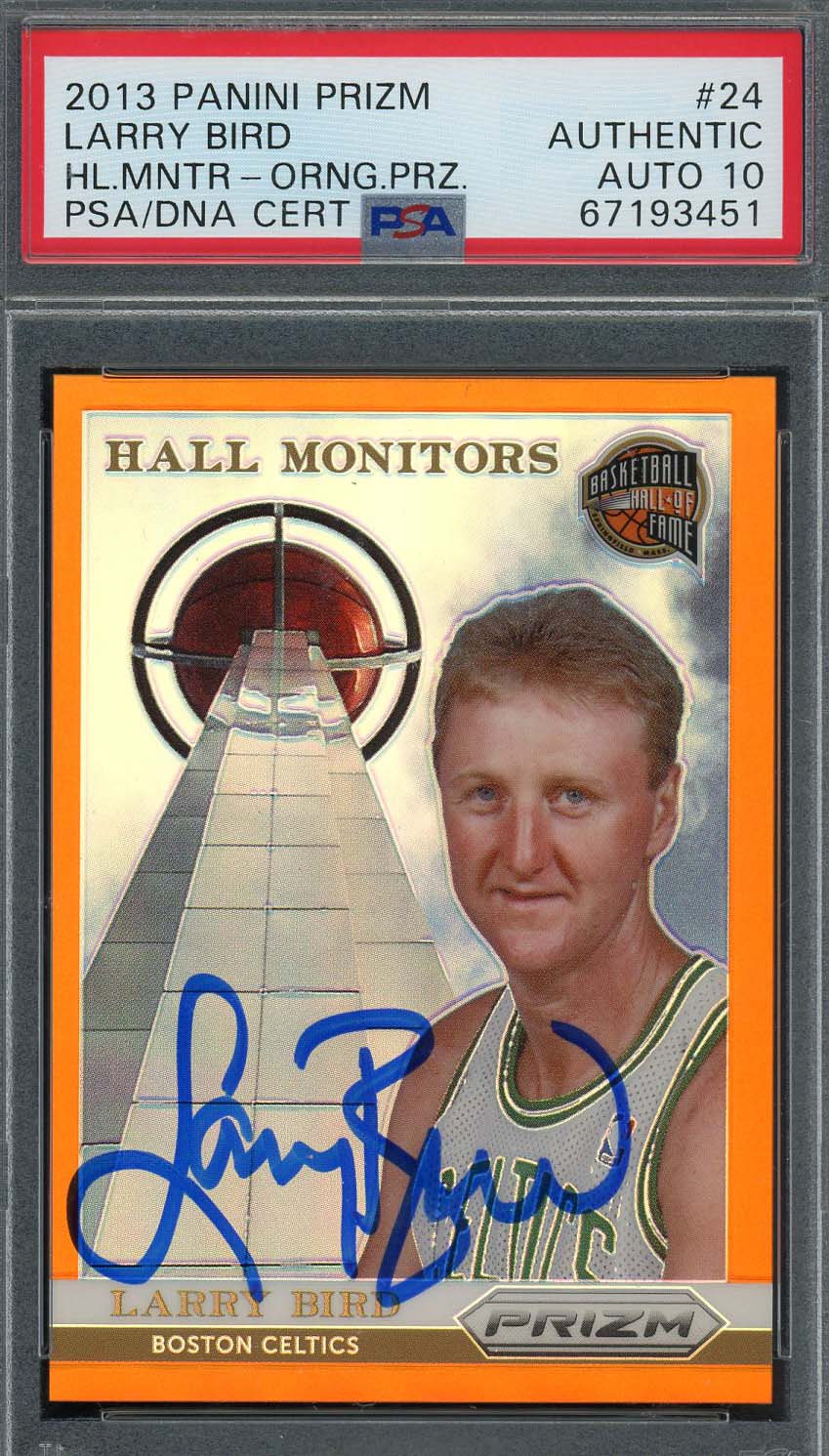 Larry Bird 2013 Panini Orange Prizm Hall Monitors Signed Card #24 Auto PSA 10