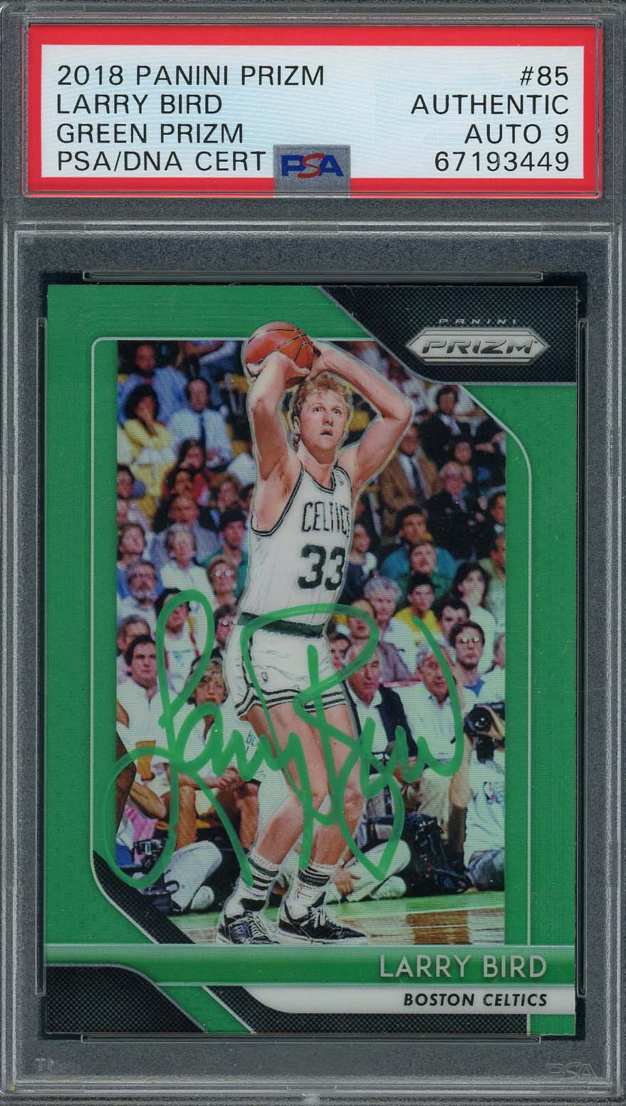 Larry Bird 2018 Panini Green Prizm Signed Basketball Card #85 Auto Graded PSA 9
