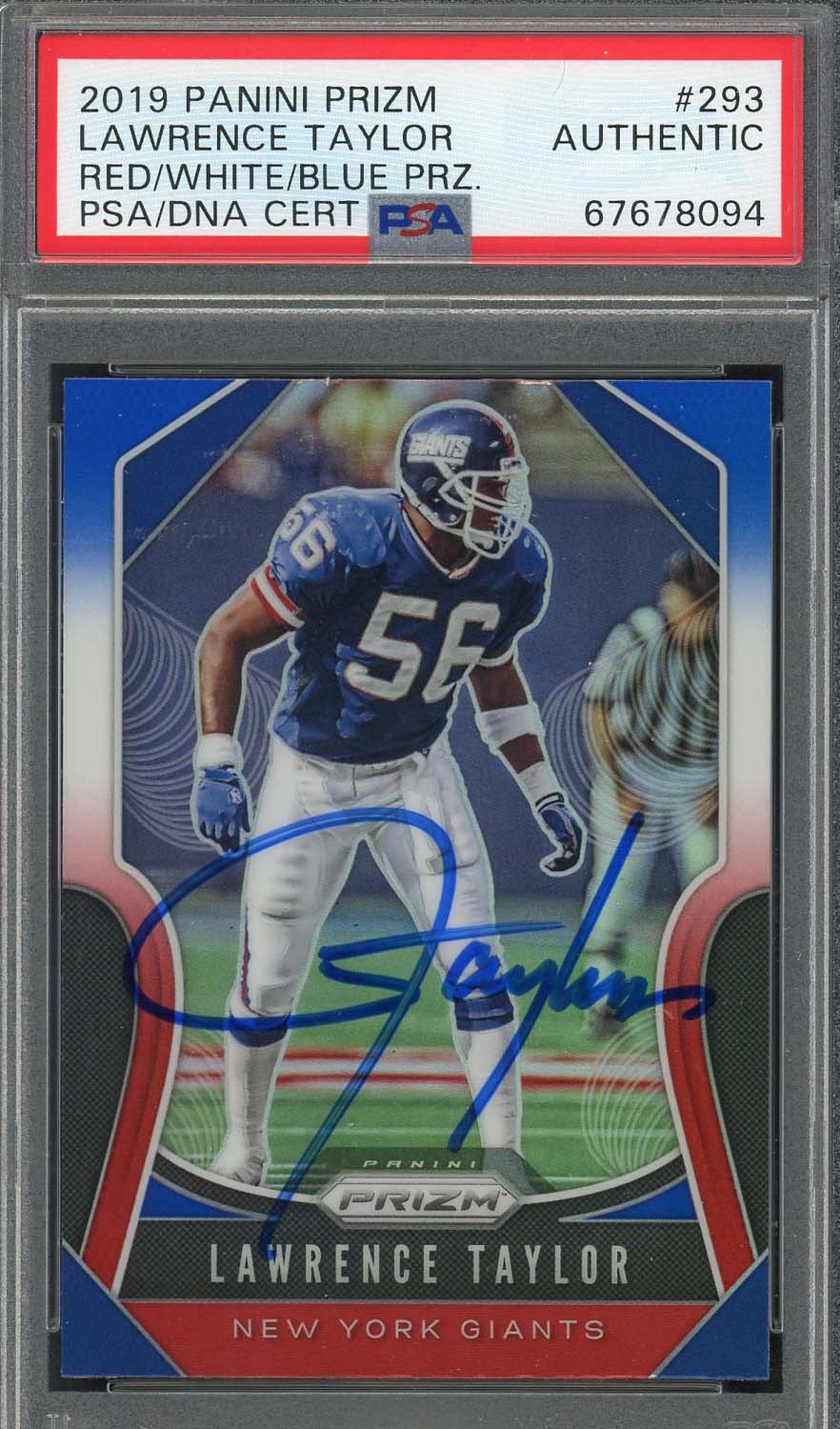 Lawrence Taylor 2019 Panini Prizm Red White Blue Signed Card #293 Auto PSA