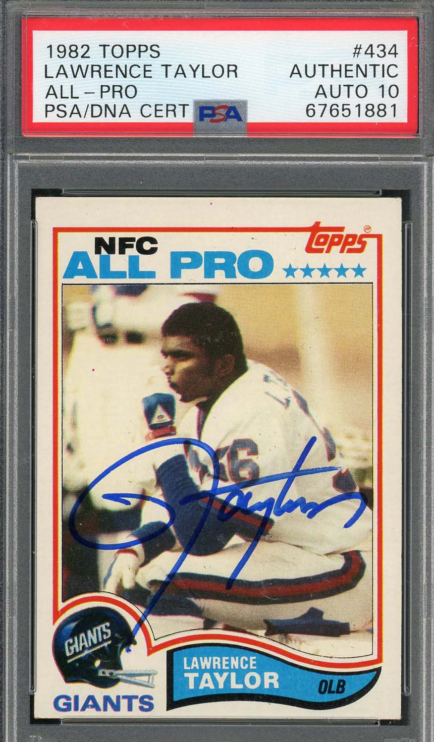Lawrence Taylor 1982 Topps Football Signed Rookie Card #434 Auto Graded PSA 10