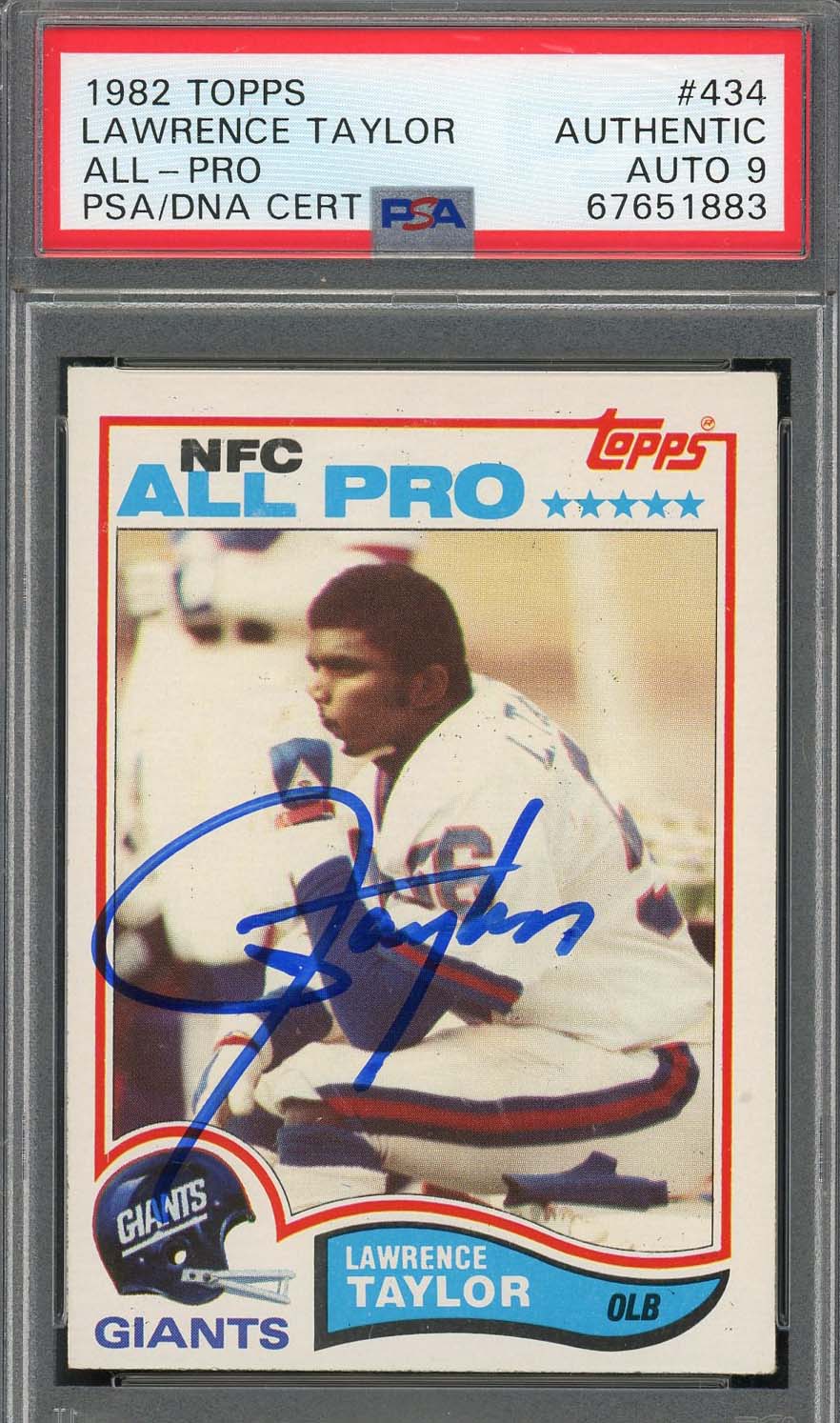 Lawrence Taylor 1982 Topps Football Signed Rookie Card #434 Auto Graded PSA 9
