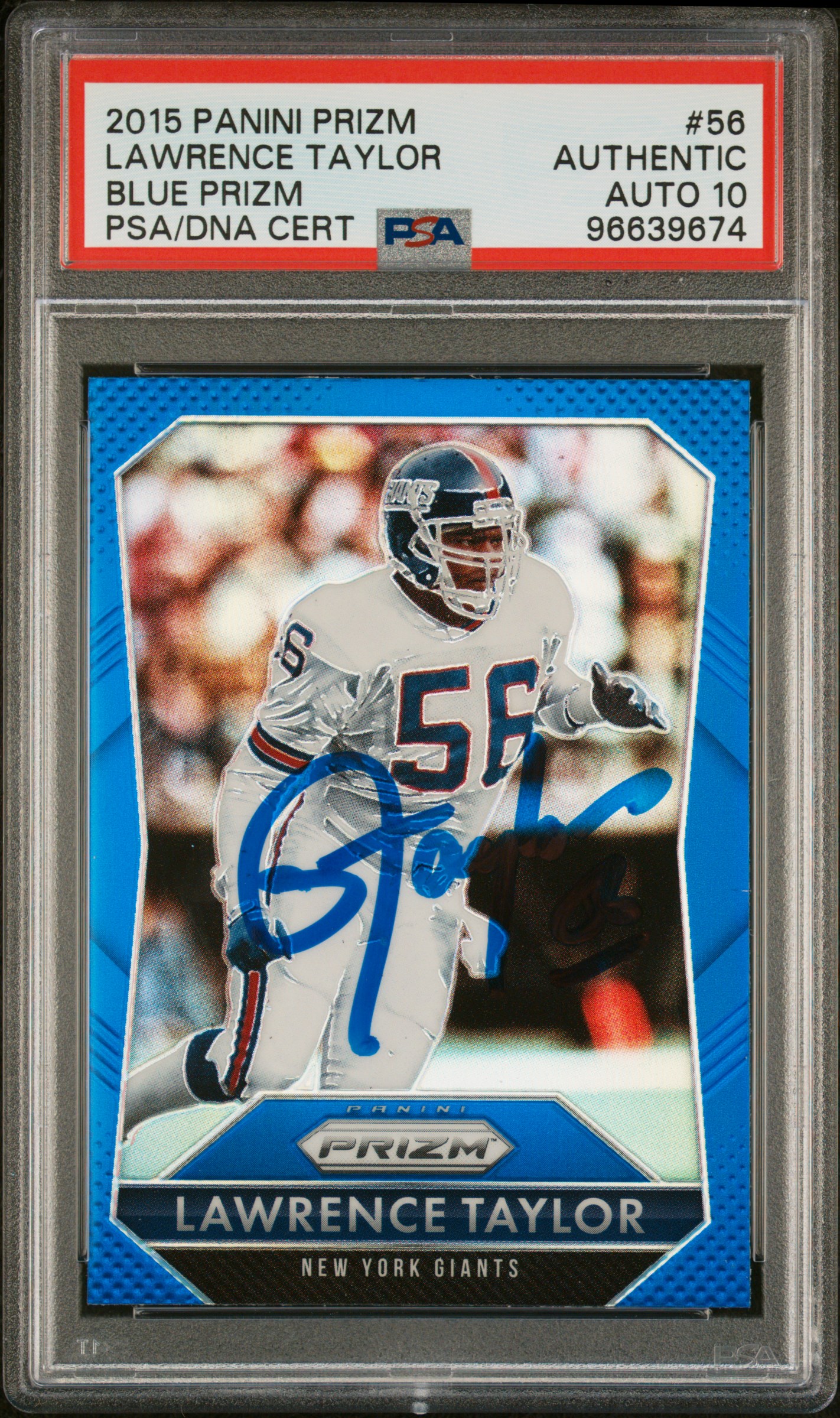 Lawrence Taylor 2015 Panini Prizm Blue Signed Football Card #56 Auto PSA 10