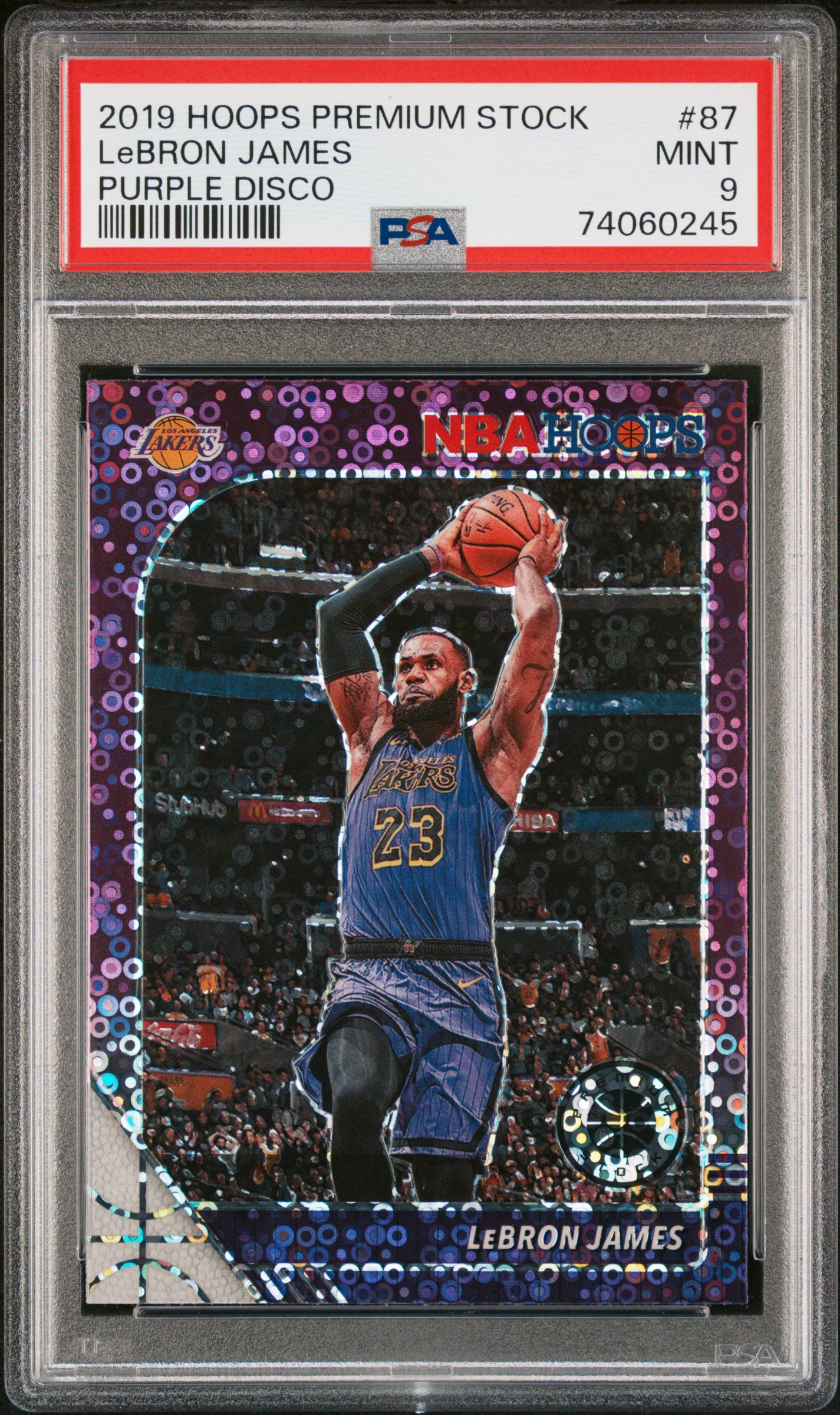 LeBron James 2019 Panini Hoops Premium Stock Purple Disco Card #87 Graded PSA 9