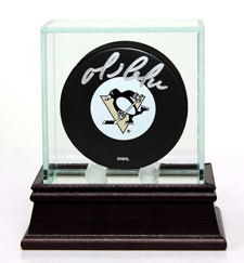 Mario Lemieux Signed Penguins Puck and Display Case