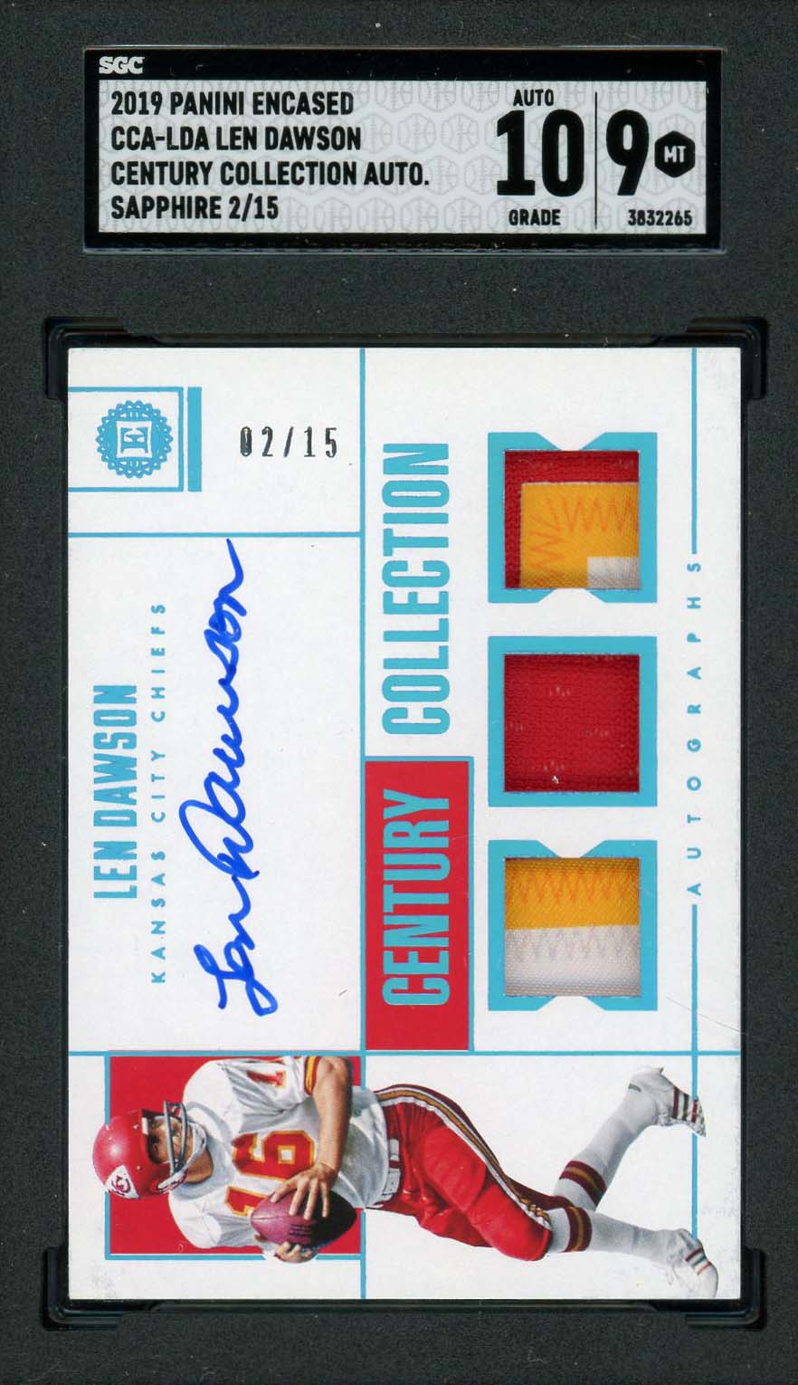 Len Dawson Autographed 2019 Panini Encased Signed Jersey Card CCA-LDA SGC 9 /15