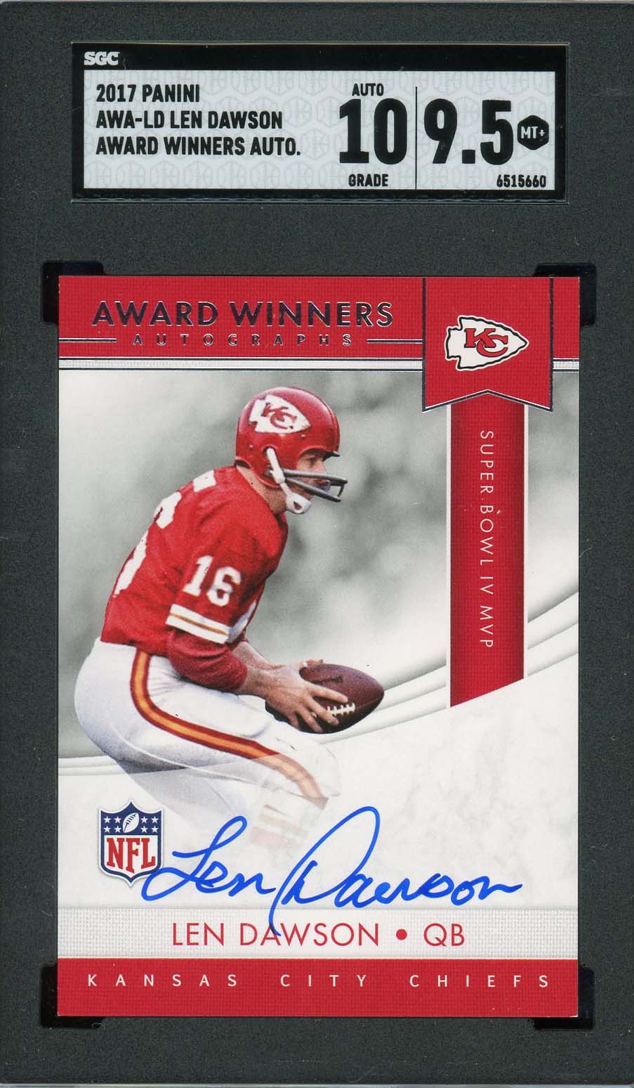 Len Dawson Autographed 2017 Panini SB MVP Signed Card #AWA-LD Graded SGC 9.5