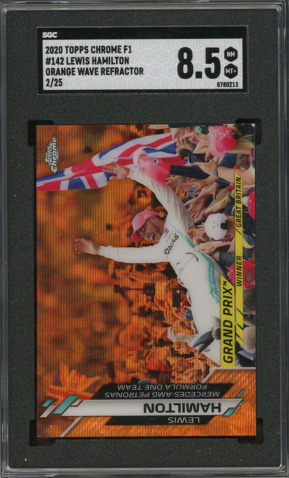 Lewis Hamilton 2020 Topps Chrome Orange Wave Refractor F1 Card #142 Graded SGC 8.5 /25