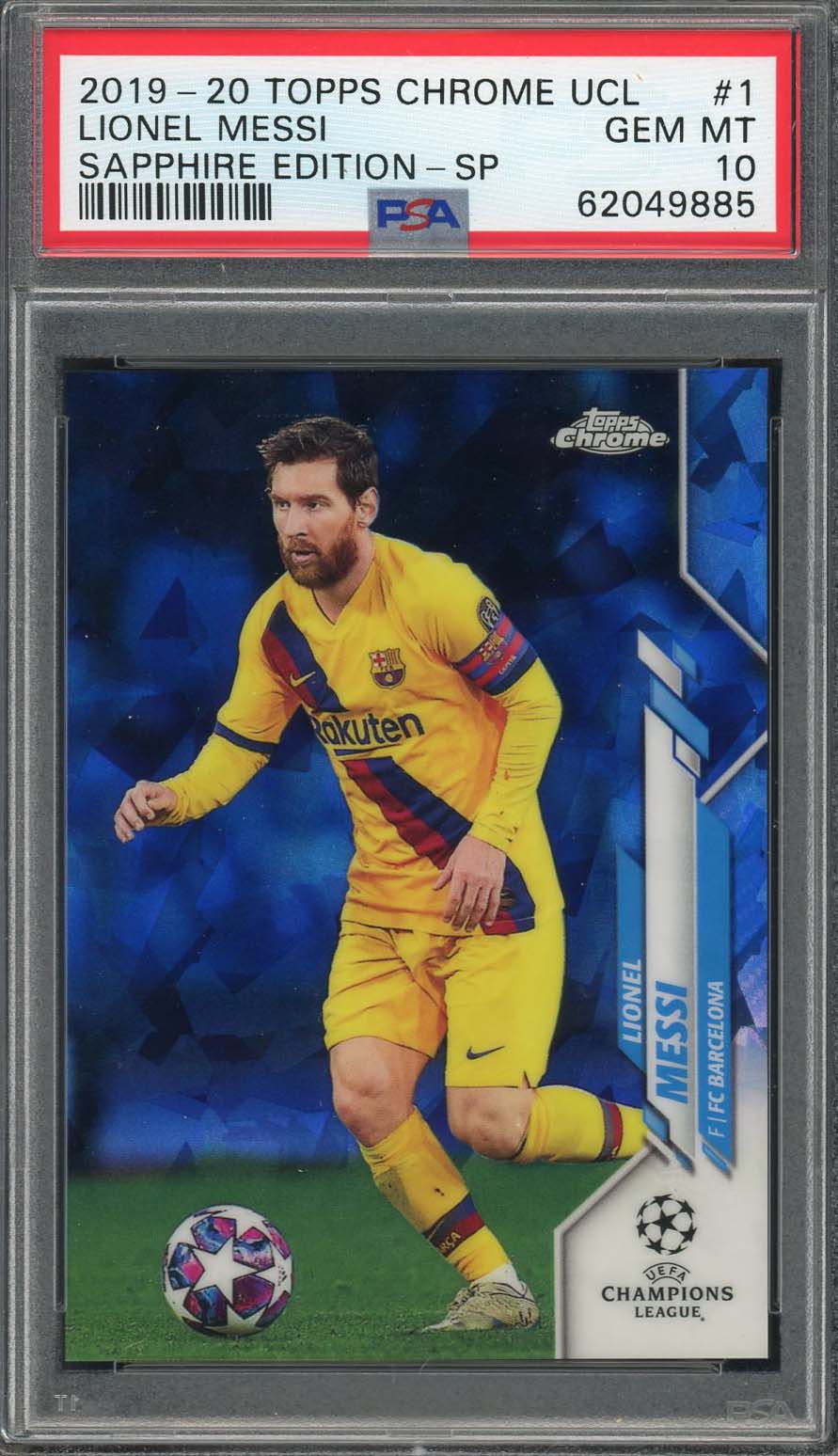 Lionel Messi 2019 Topps Chrome UCL Sapphire Soccer Card #1 Graded PSA 10