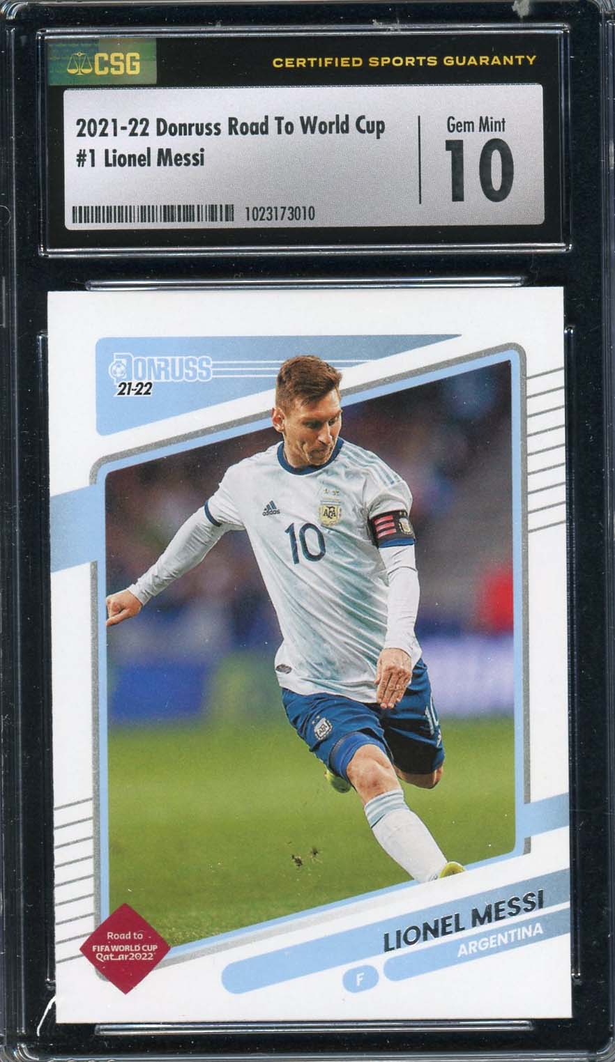 Lionel Messi 2021 Donruss Road To World Cup Soccer Card #1 Graded CSG 10