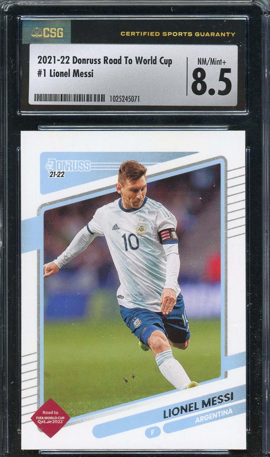 Lionel Messi 2021 Donruss Road To World Cup Soccer Card #1 Graded CSG 8.5 Lionel Messi 2021 Donruss Road To World Cup Soccer Card #1 Graded CSG 8.5
