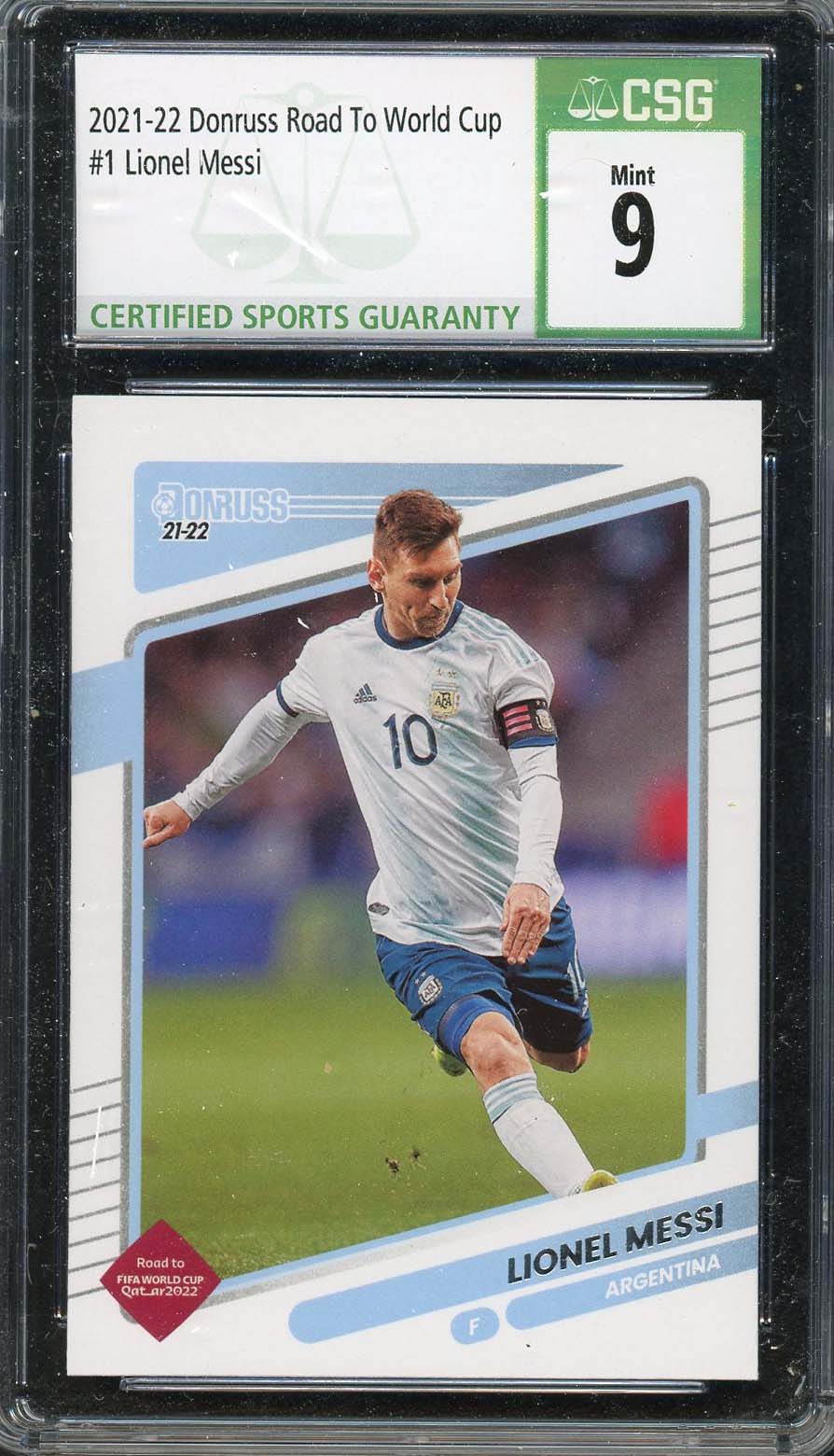 Lionel Messi 2021 Donruss Road To World Cup Soccer Card #1 Graded CSG 9 Lionel Messi 2021 Donruss Road To World Cup Soccer Card #1 Graded CSG 9