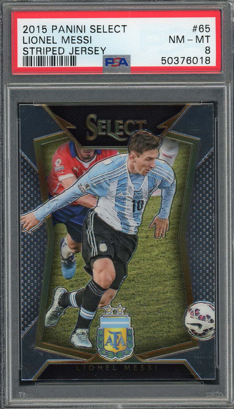 Lionel Messi 2015 Panini Select Striped Jersey Soccer Graded Card #65 PSA 8