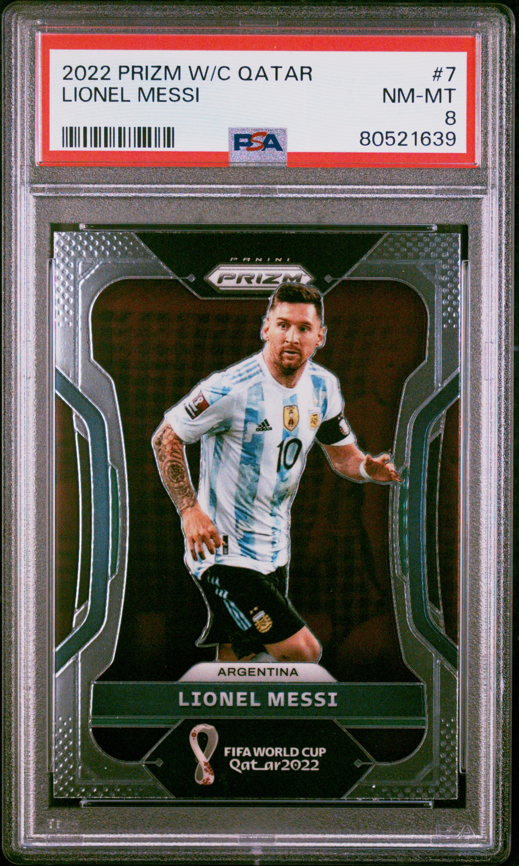 Lionel Messi 2022 Panini Prizm World Cup Qatar Soccer Card #7 Graded PSA 8