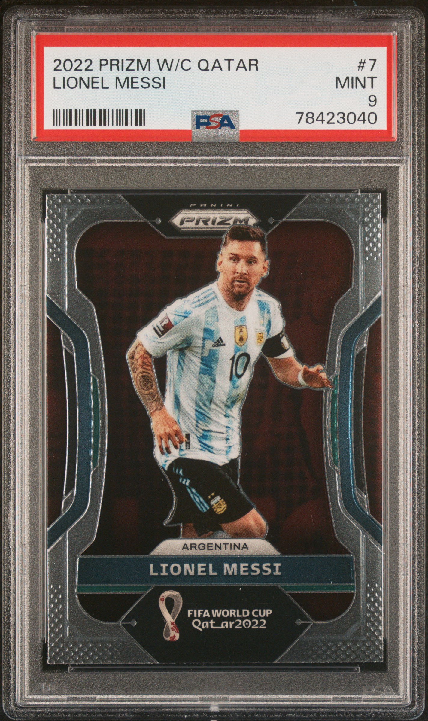 Lionel Messi 2022 Panini Prizm World Cup Qatar Soccer Card #7 Graded PSA 9