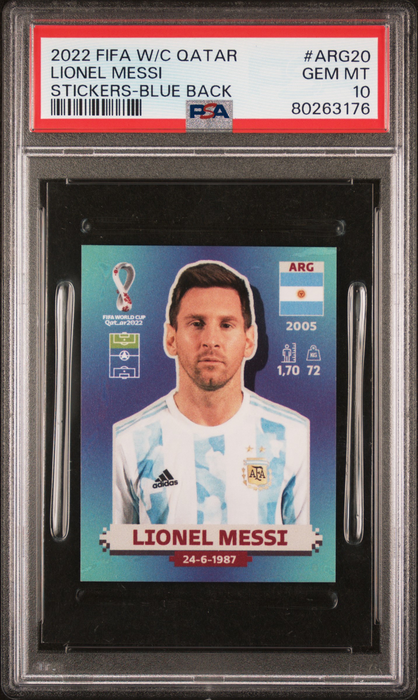 Lionel Messi 2022 World Cup Qatar Blue Back Soccer Card #ARG20 Graded PSA 10