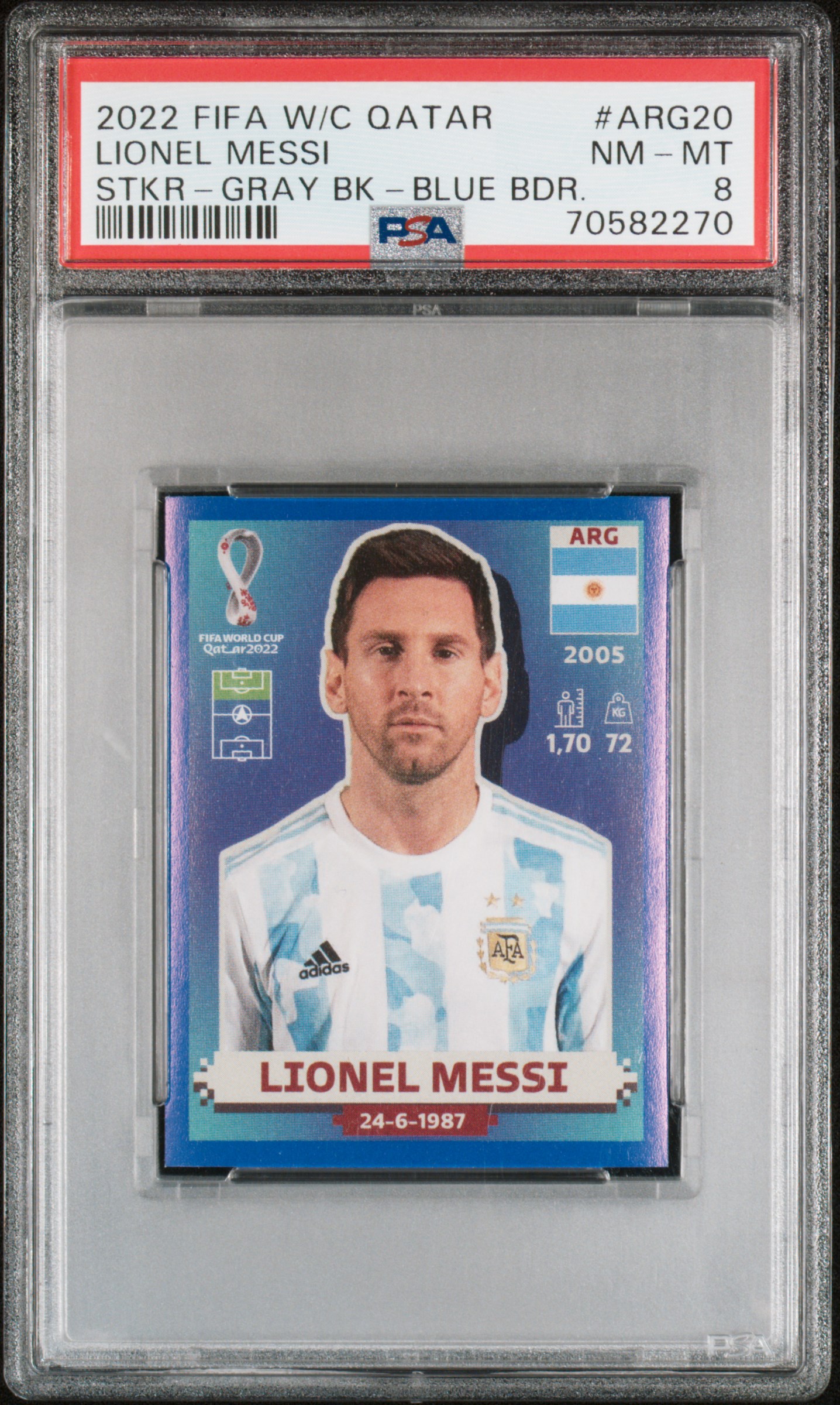 Lionel Messi 2022 FIFA World Cup Qatar Soccer Sticker Card Blue #ARG20 PSA 8