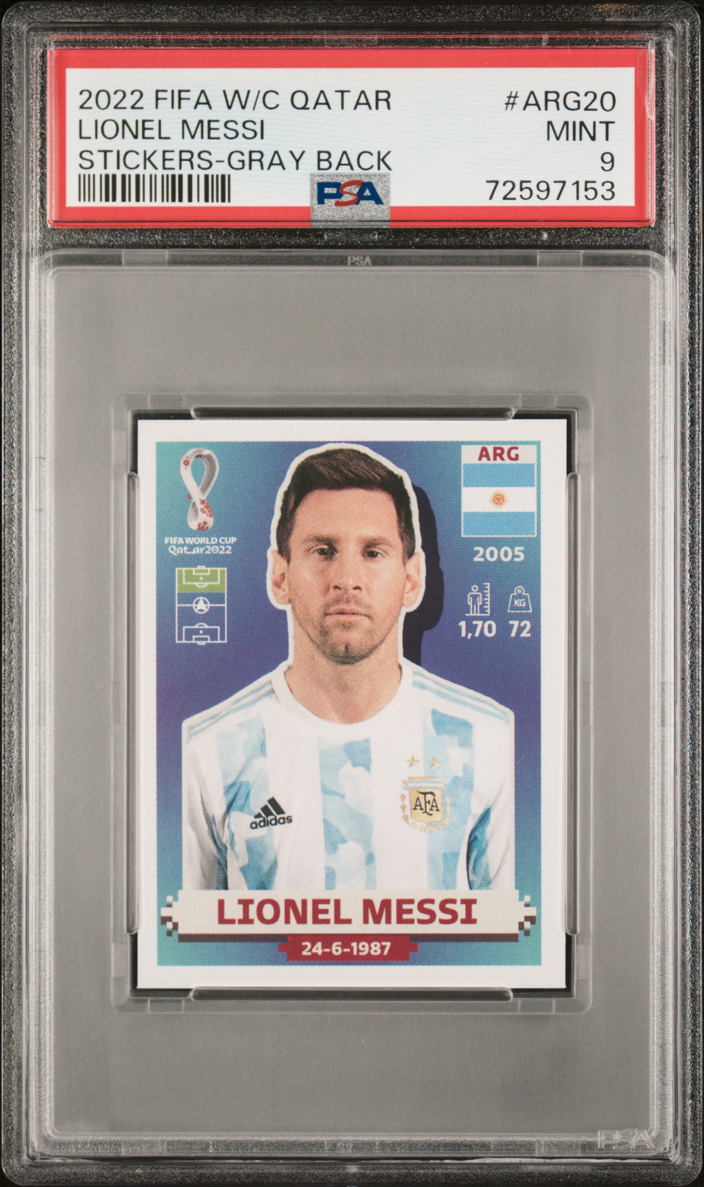 Lionel Messi 2022 FIFA World Cup Qatar Soccer Sticker Card #ARG20 Graded PSA 9