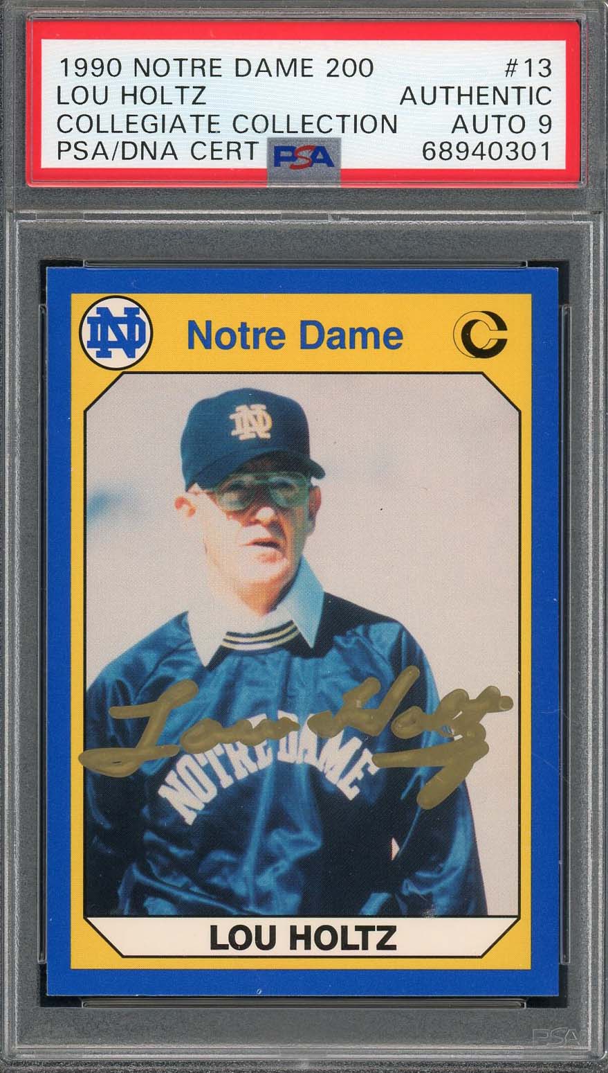 Lou Holtz 1990 Notre Dame 200 Collegiate Collection Signed Card #13 Auto PSA 9