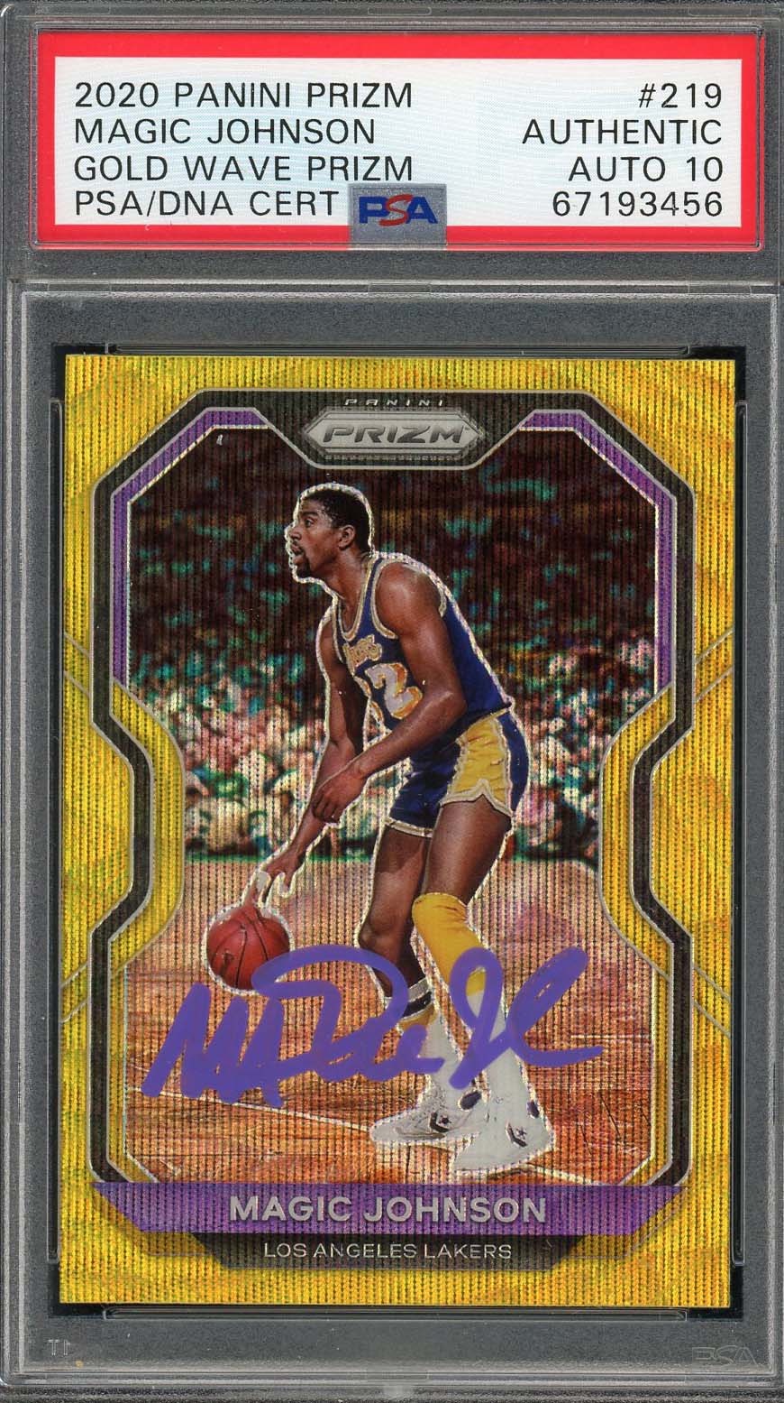 Magic Johnson 2020 Panini Gold Wave Prizm Signed Card #219 Auto Graded PSA 10