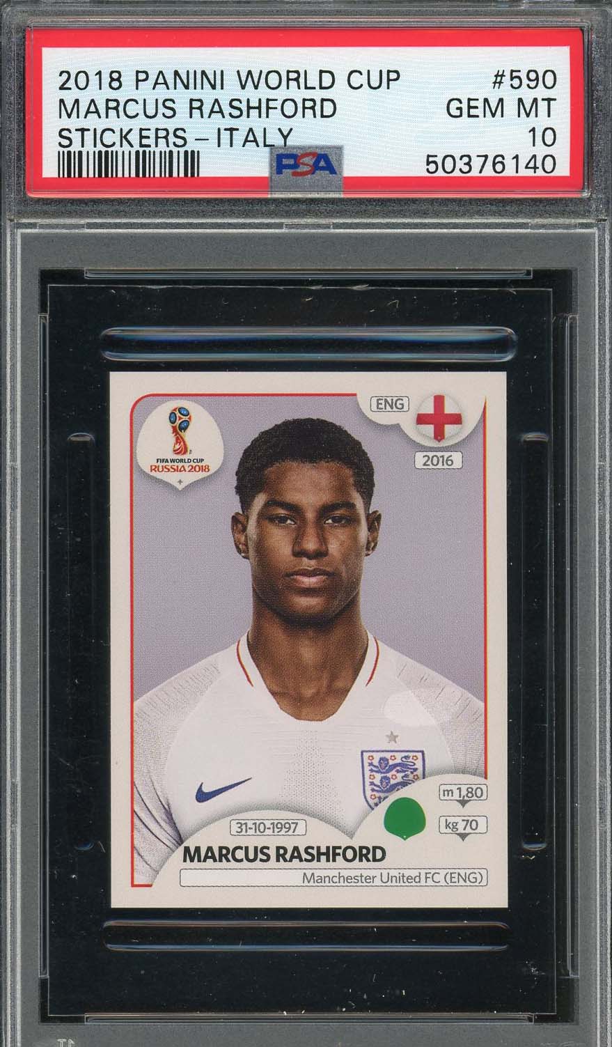 Marcus Rashford 2018 Panini World Cup Rookie Stickers Italy Card #590 PSA 10 Marcus Rashford 2018 Panini World Cup Rookie Stickers Italy Card #590 PSA 10