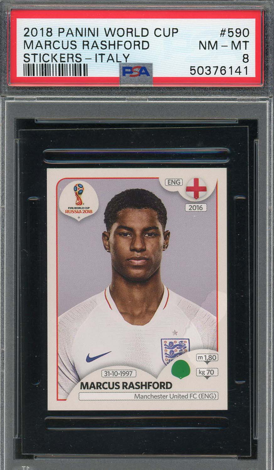 Marcus Rashford 2018 Panini World Cup Rookie Stickers Italy Card #590 PSA 8 Marcus Rashford 2018 Panini World Cup Rookie Stickers Italy Card #590 PSA 8