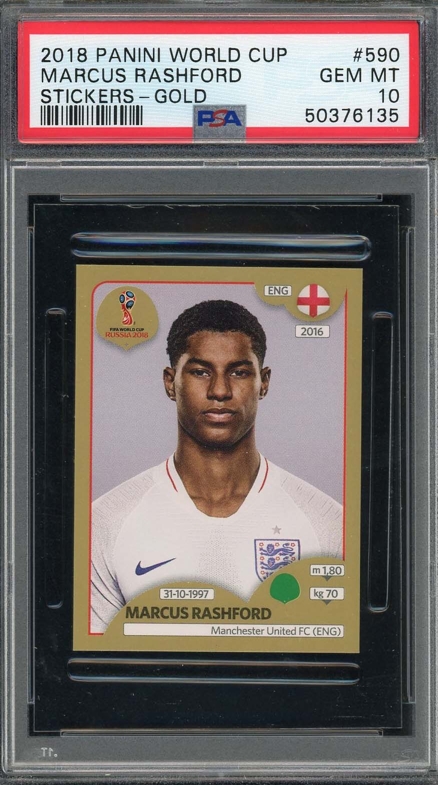 Marcus Rashford 2018 Panini World Cup Rookie Stickers Gold Card #590 PSA 10 Marcus Rashford 2018 Panini World Cup Rookie Stickers Gold Card #590 PSA 10
