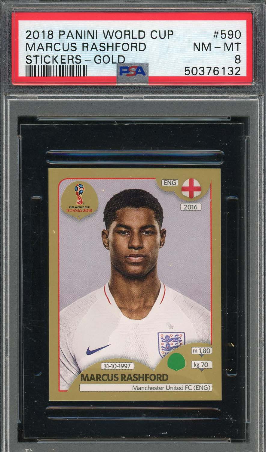 Marcus Rashford 2018 Panini World Cup Rookie Stickers Gold Card #590 PSA 8 Marcus Rashford 2018 Panini World Cup Rookie Stickers Gold Card #590 PSA 8