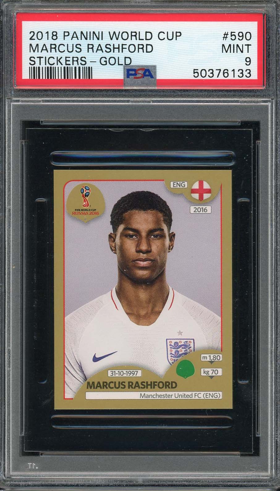 Marcus Rashford 2018 Panini World Cup Rookie Stickers Gold Card #590 PSA 9 Marcus Rashford 2018 Panini World Cup Rookie Stickers Gold Card #590 PSA 9