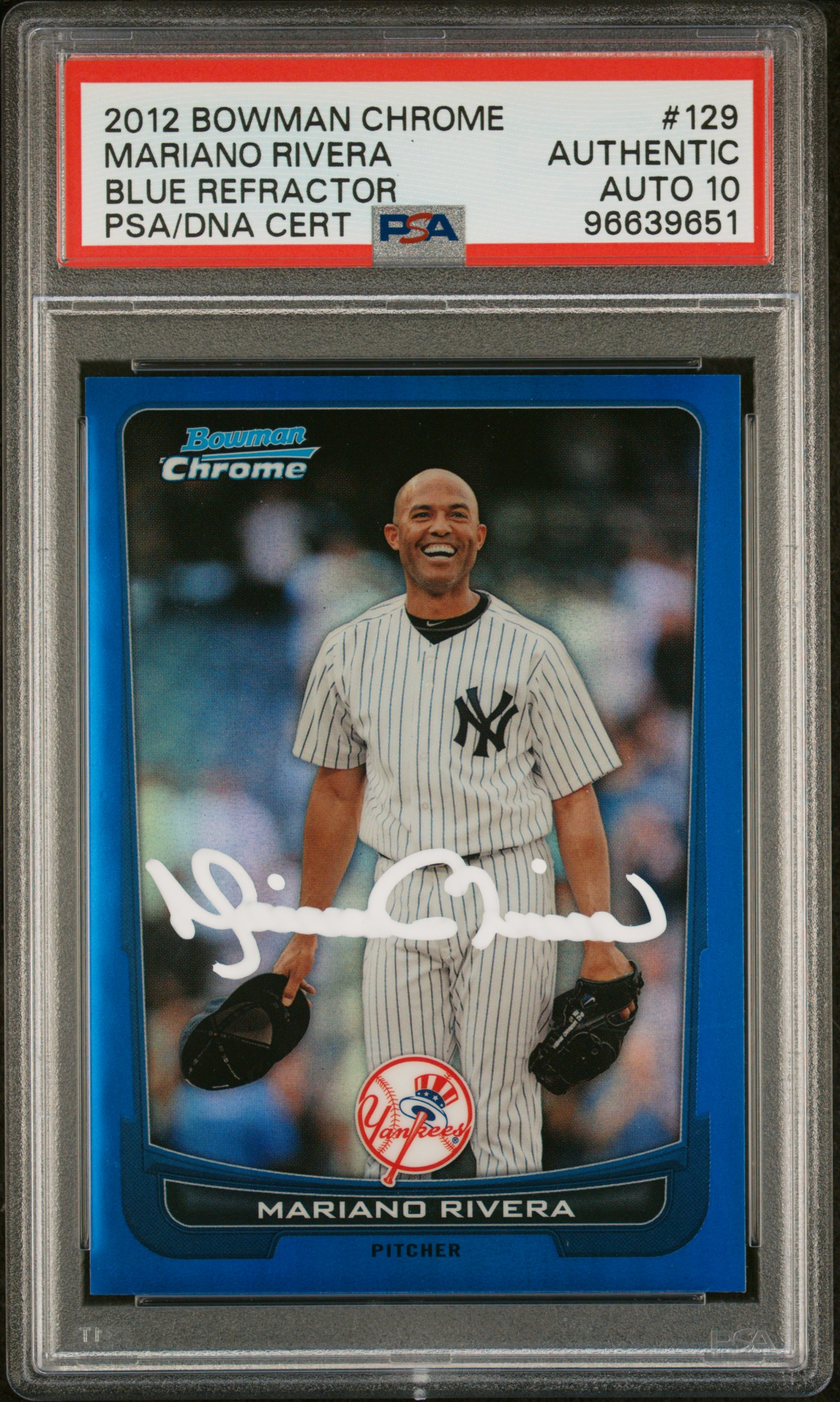 Mariano Rivera 2012 Bowman Chrome Blue Refractor Card #129 Auto PSA 10 2/250