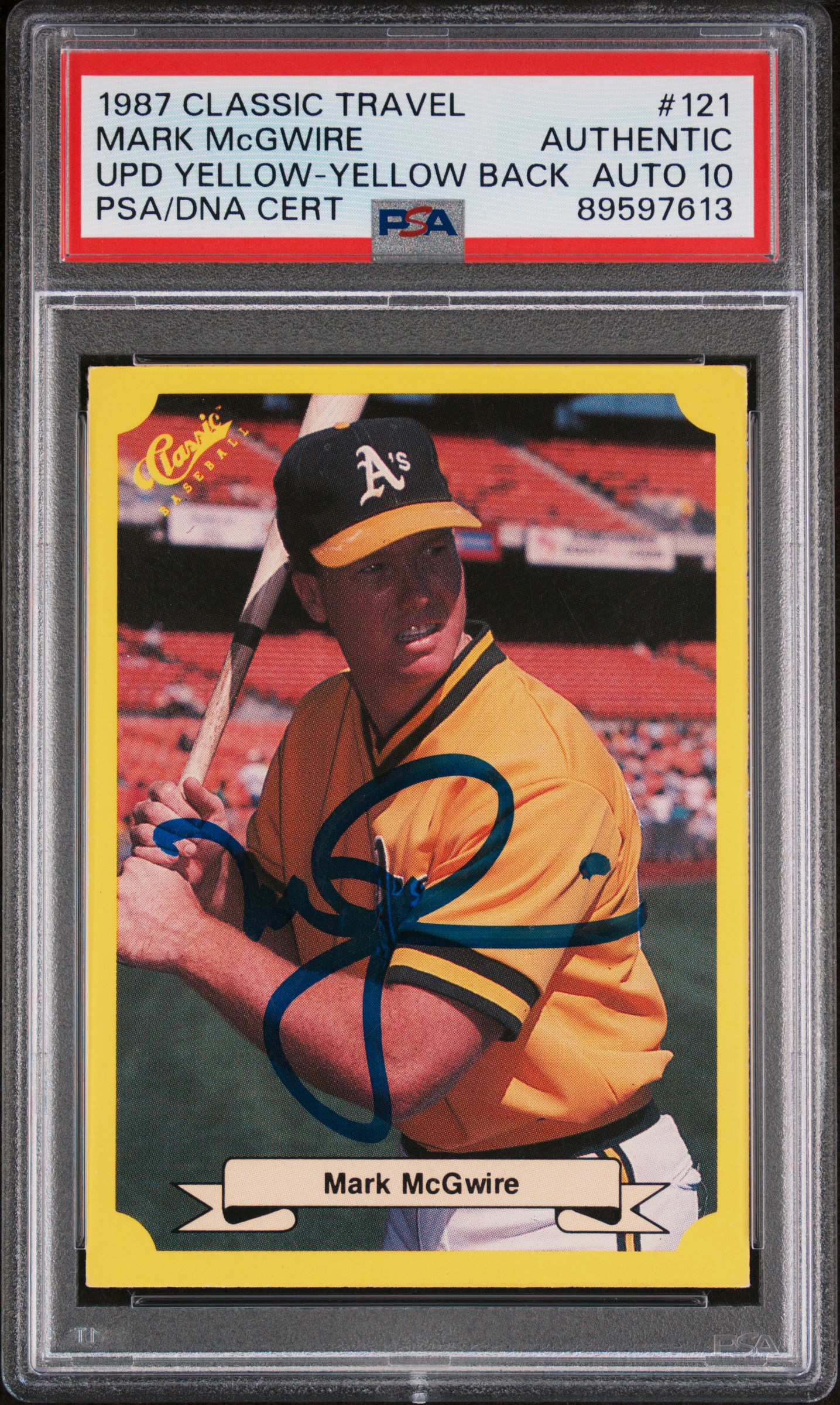 Mark McGwire 1987 Classic Travel Yellow Back Rookie Card #121 Auto PSA 10 597613