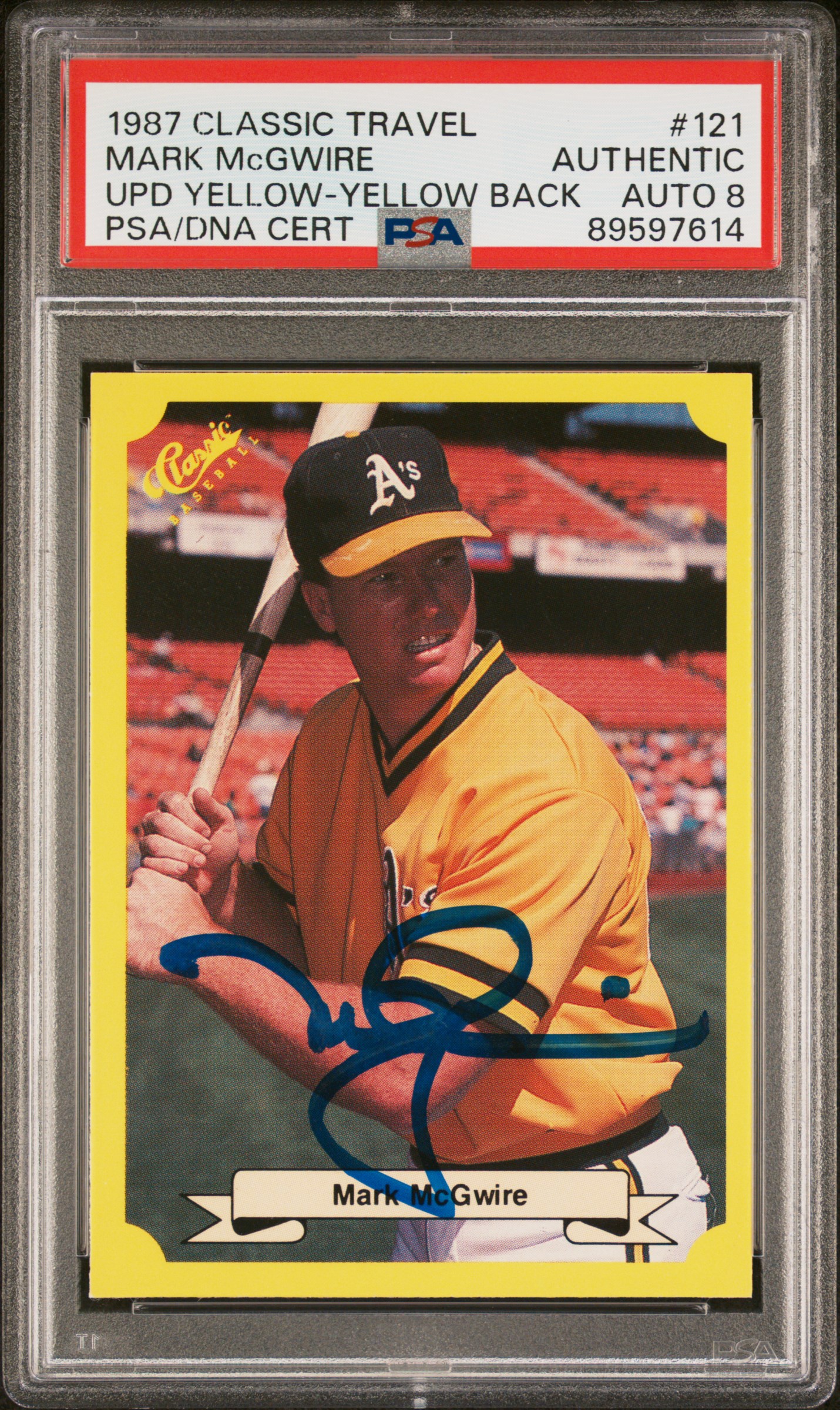Mark McGwire 1987 Classic Travel Yellow Back Rookie Card #121 Auto PSA 8 9597614
