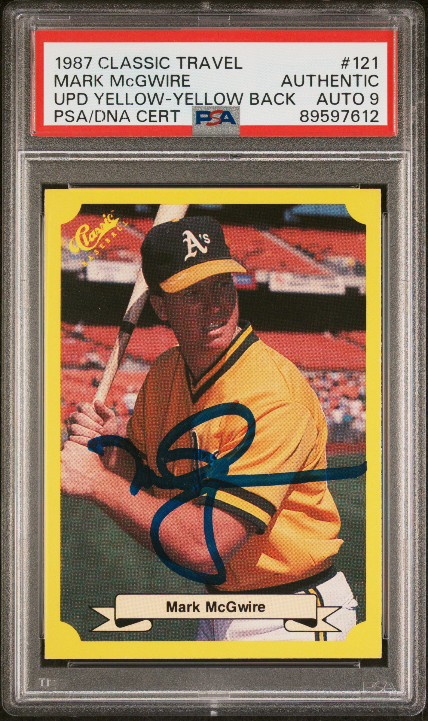 Mark McGwire 1987 Classic Travel Yellow Back Rookie Card #121 Auto PSA 9 9597612