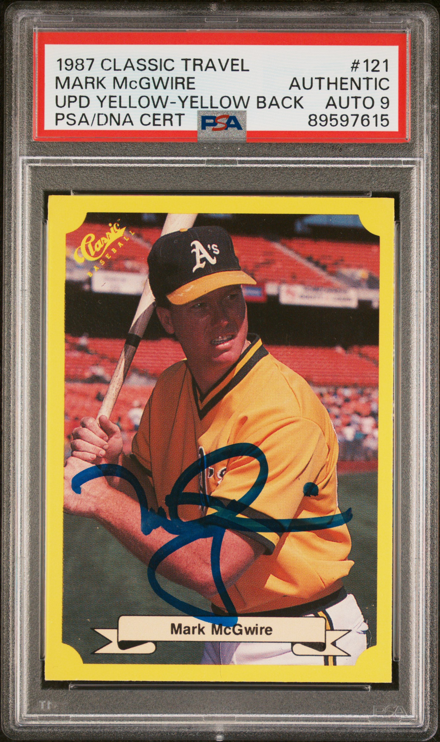 Mark McGwire 1987 Classic Travel Yellow Back Rookie Card #121 Auto PSA 9 9597615