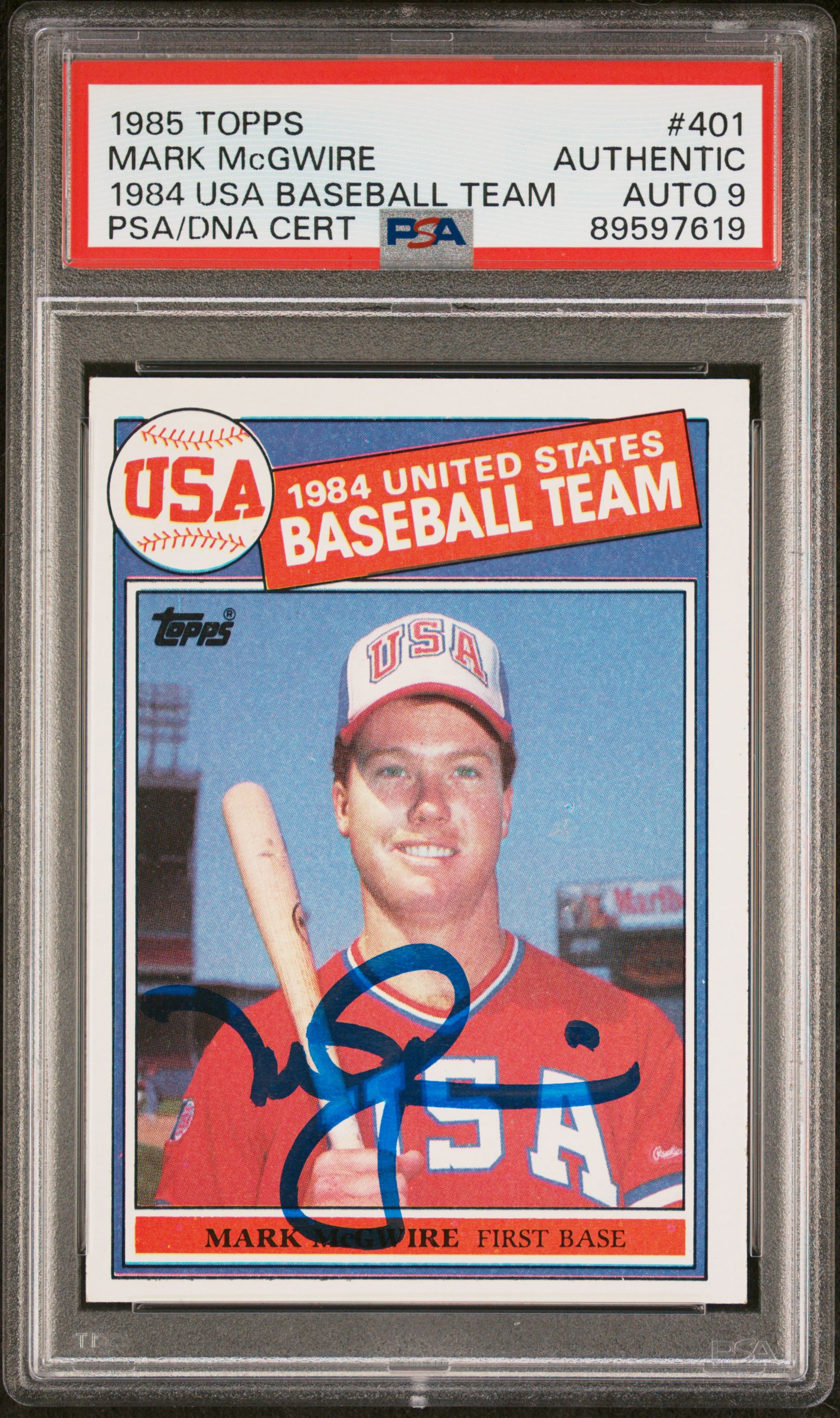 Mark McGwire 1985 Topps Signed Baseball Rookie Card #401 Auto Graded PSA 9 97619