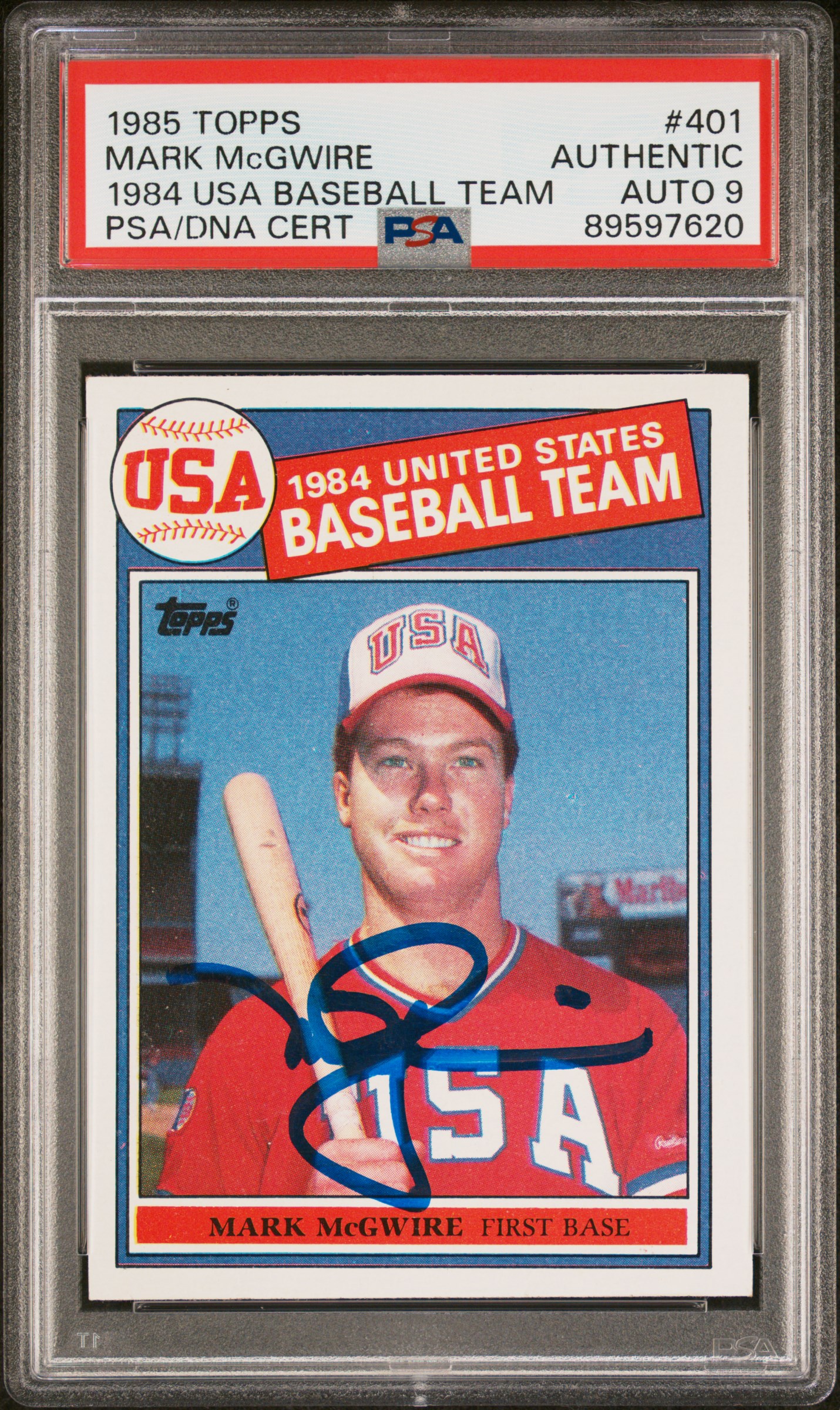 Mark McGwire 1985 Topps Signed Baseball Rookie Card #401 Auto Graded PSA 9 97620