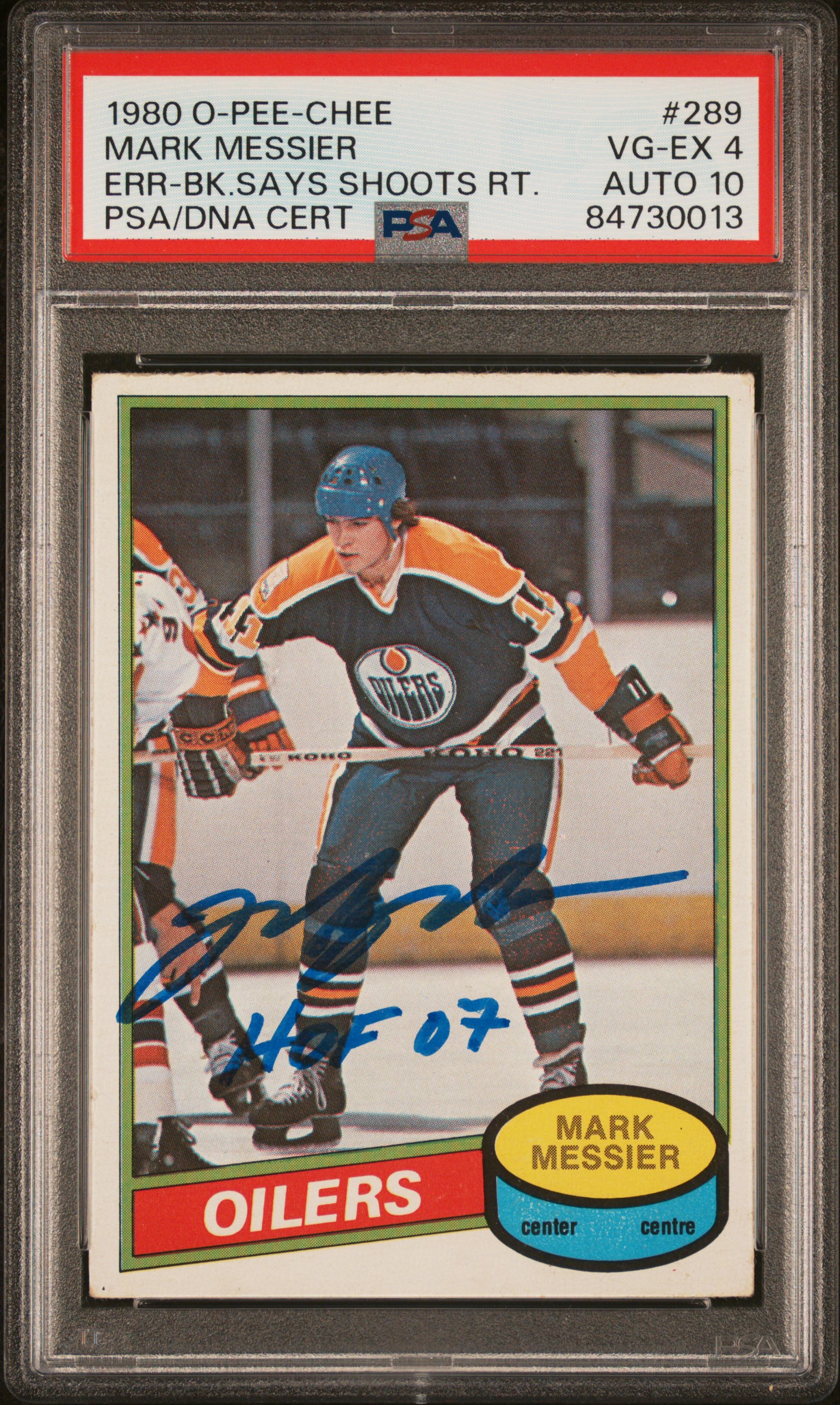 Mark Messier 1980 O-Pee-Chee Signed Rookie Card #289 Auto Graded PSA 10 84730013