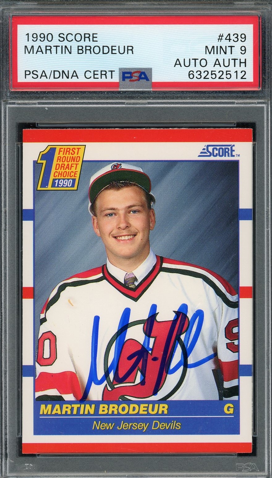 Martin Brodeur 1990 Score Signed Hockey Rookie Card #439 Auto Graded PSA 9 52512