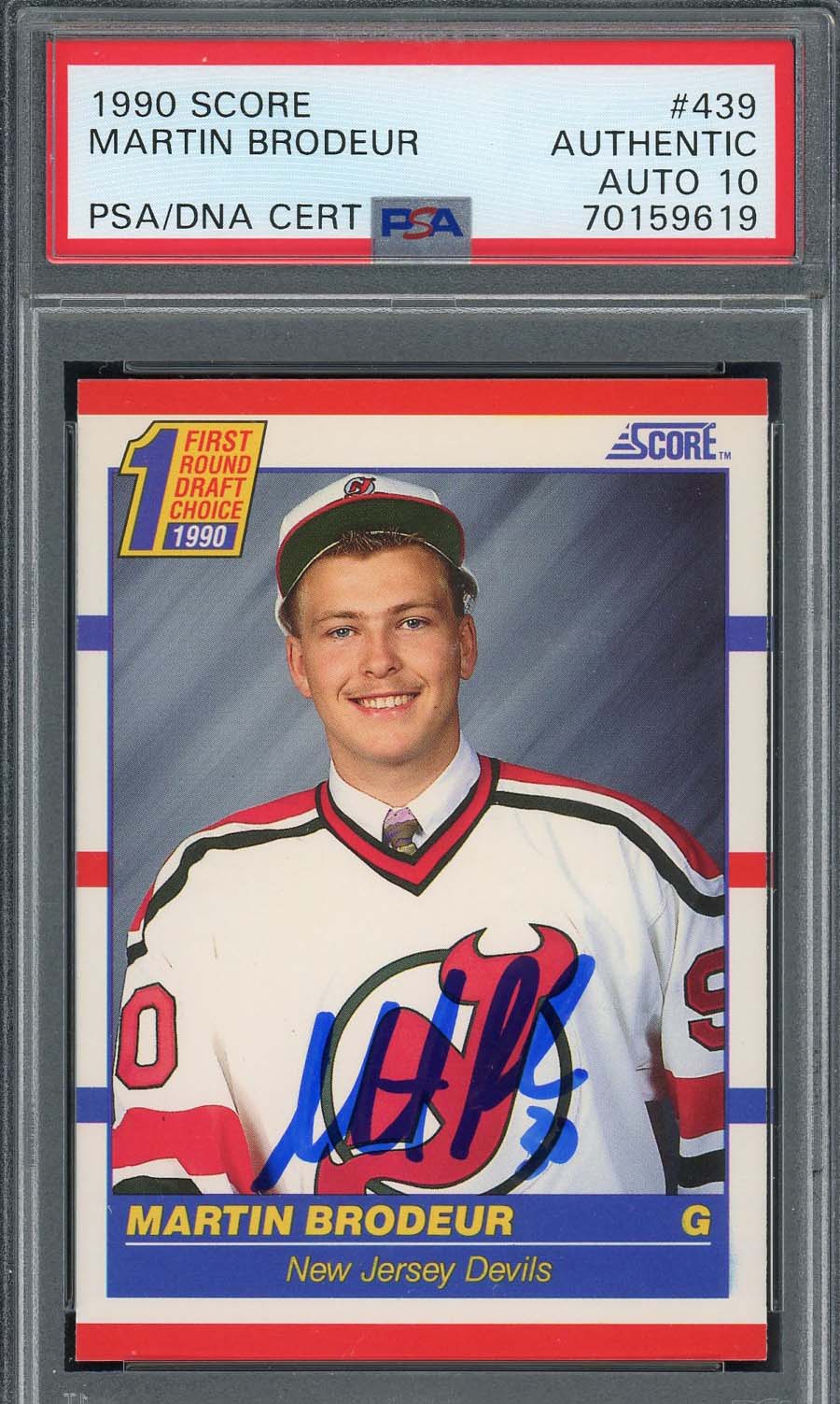 Martin Brodeur 1990 Score Hockey Signed Rookie Card #439 Auto Graded PSA 10