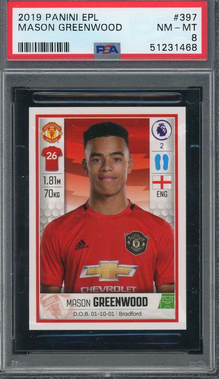 Mason Greenwood 2019 Panini EPL Rookie Card #397 PSA 8 Mason Greenwood 2019 Panini EPL Rookie Card #397 PSA 8