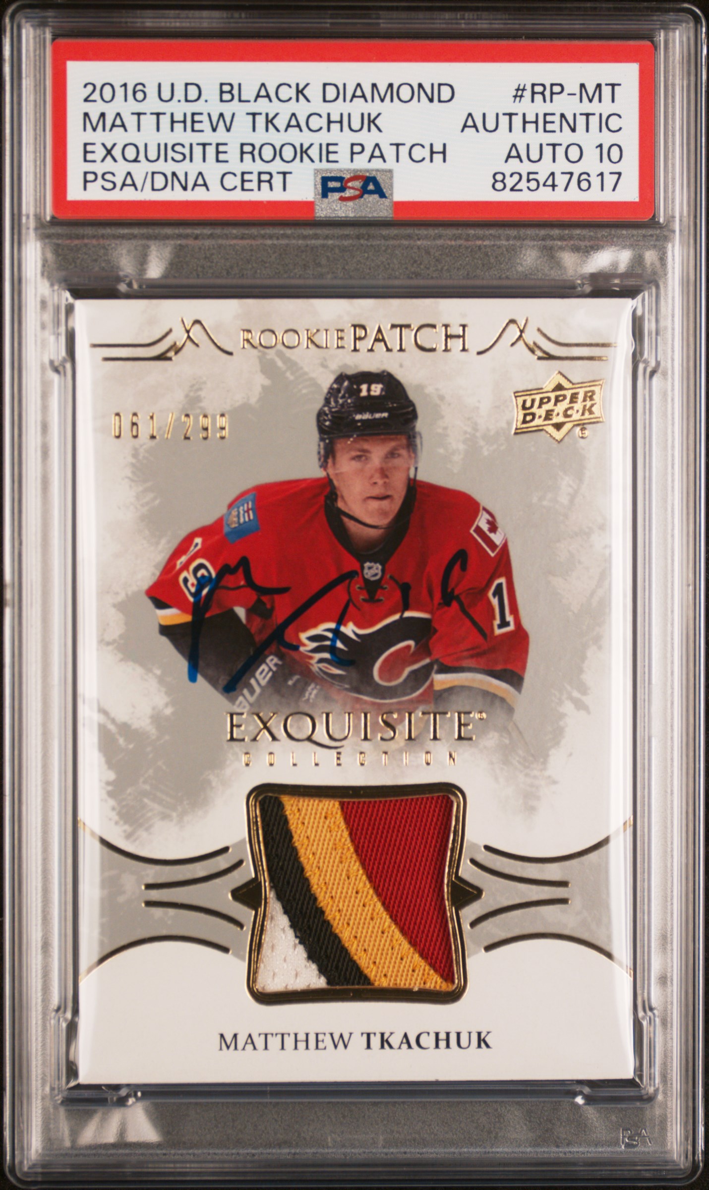 Matthew Tkachuk 2016 Upper Deck Exquisite Patch Rookie Card #RP-MT Auto PSA 10