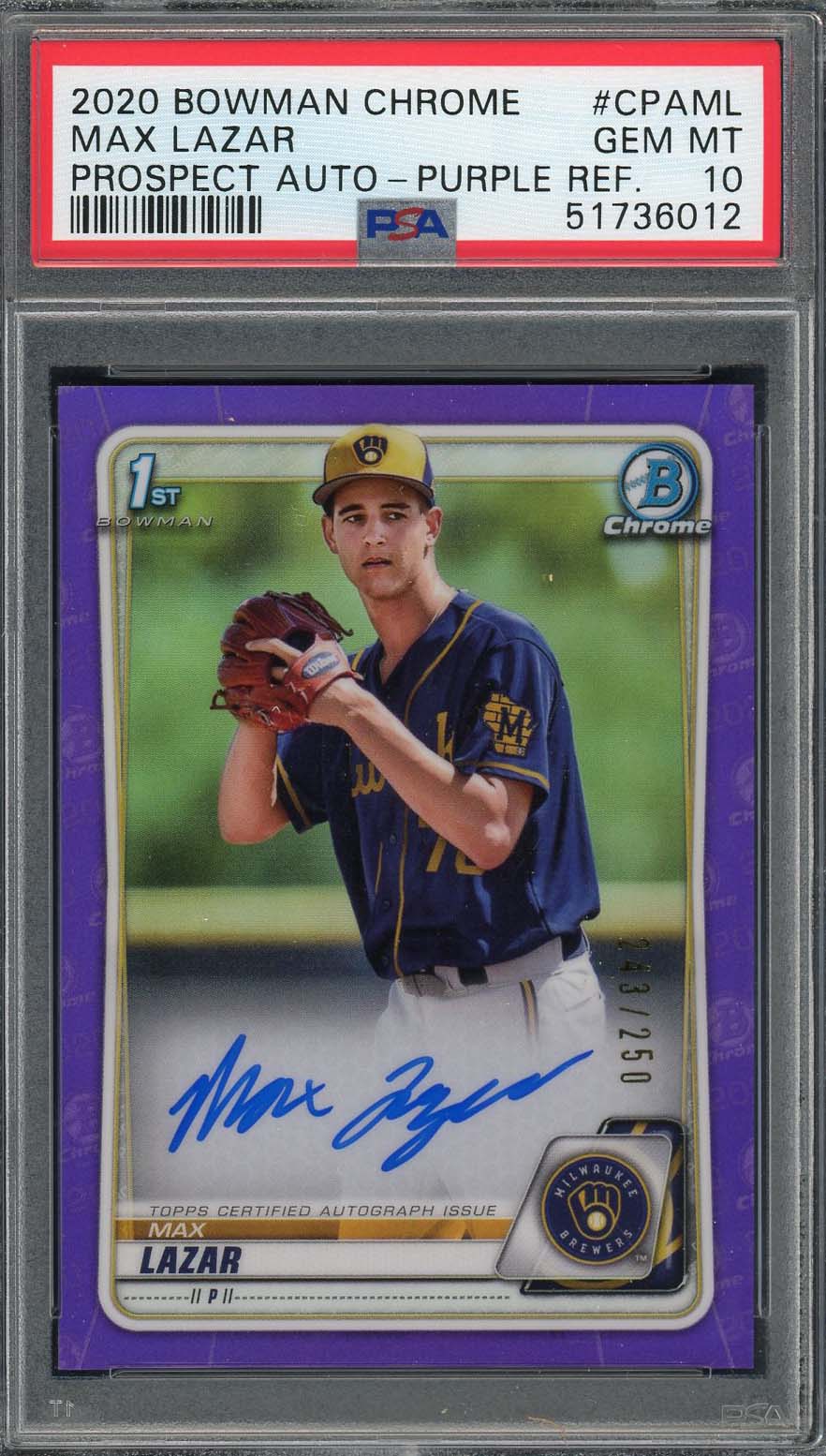 Max Lazar 2020 Bowman Chrome Autograph Purple Refractor Rookie Card PSA 10 /250 Max Lazar 2020 Bowman Chrome Autograph Purple Refractor Rookie Card PSA 10 /250