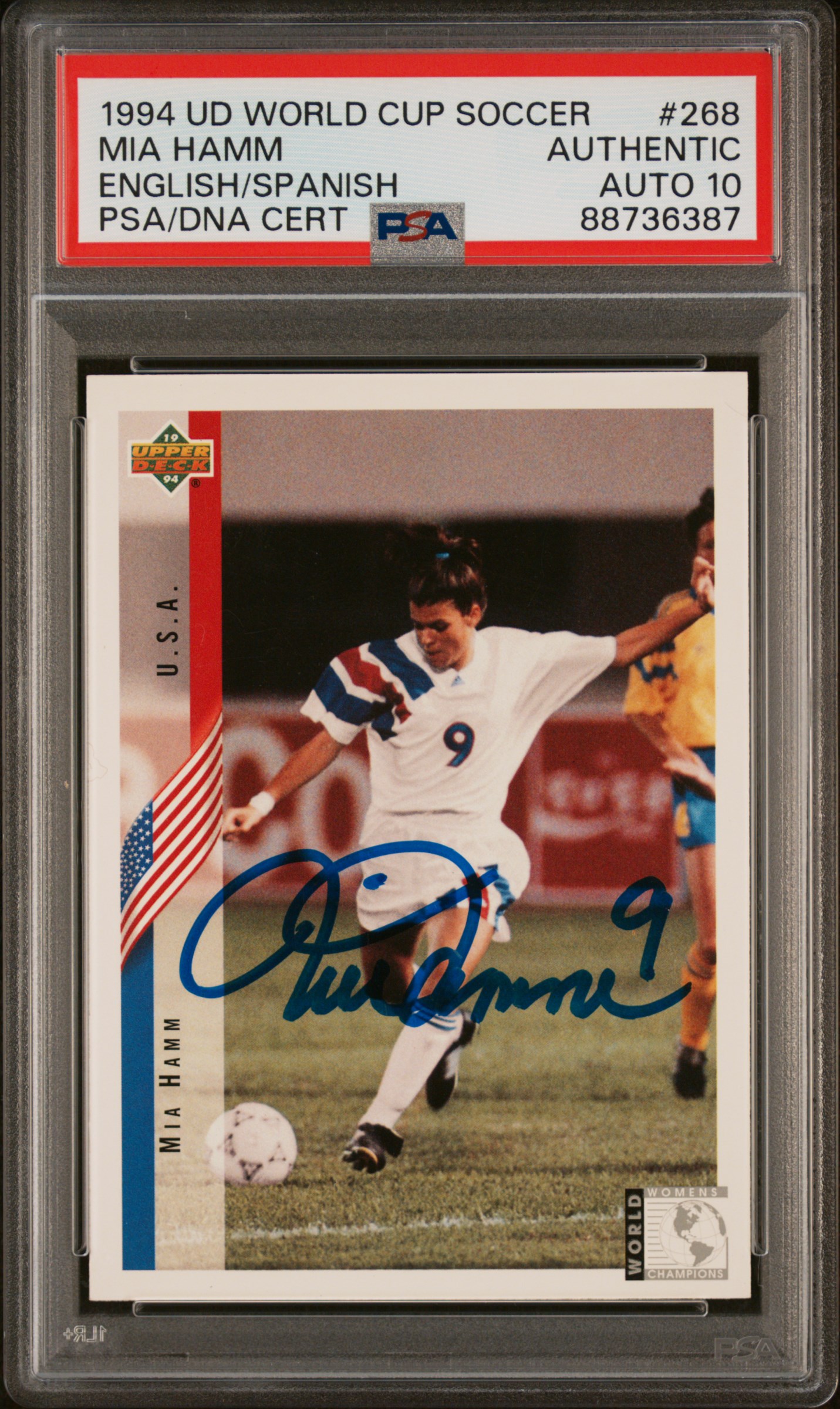 Mia Hamm 1994 Upper Deck World Cup Soccer Signed Rookie Card #268 Auto PSA 10 87