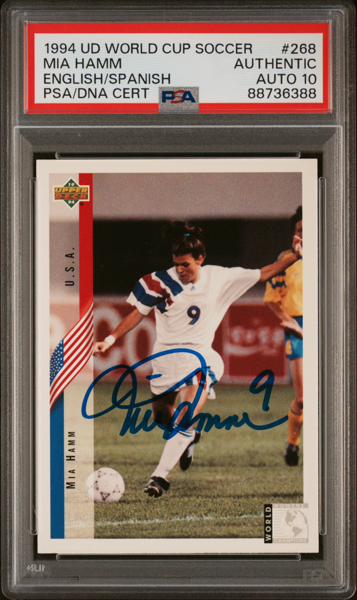 Mia Hamm 1994 Upper Deck World Cup Soccer Signed Rookie Card #268 Auto PSA 10 88