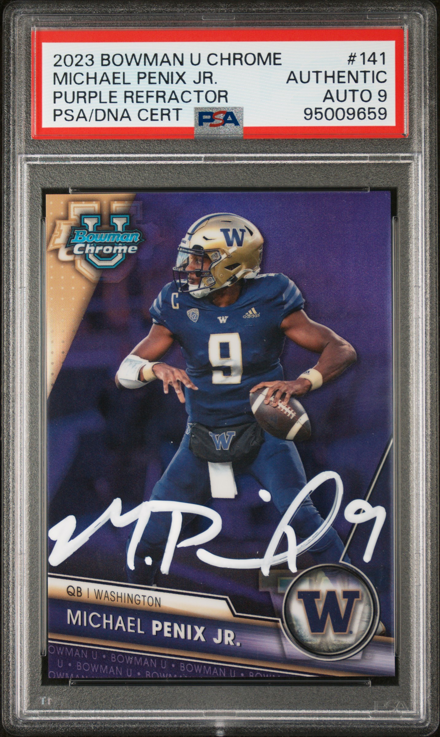 Michael Penix Jr 2023 Bowman Chrome Purple Refractor Card #141 Auto PSA 9 82/399