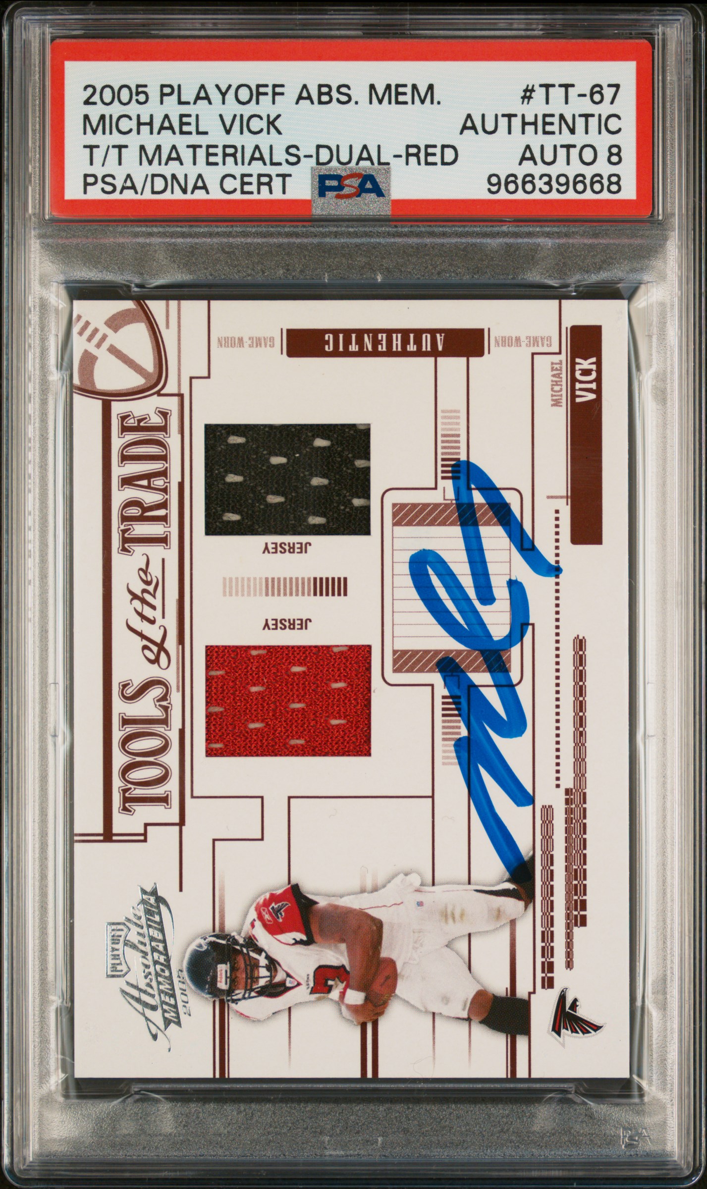 Michael Vick 2005 Absolute Game Used Signed Card #TT-67 Auto Graded PSA 8